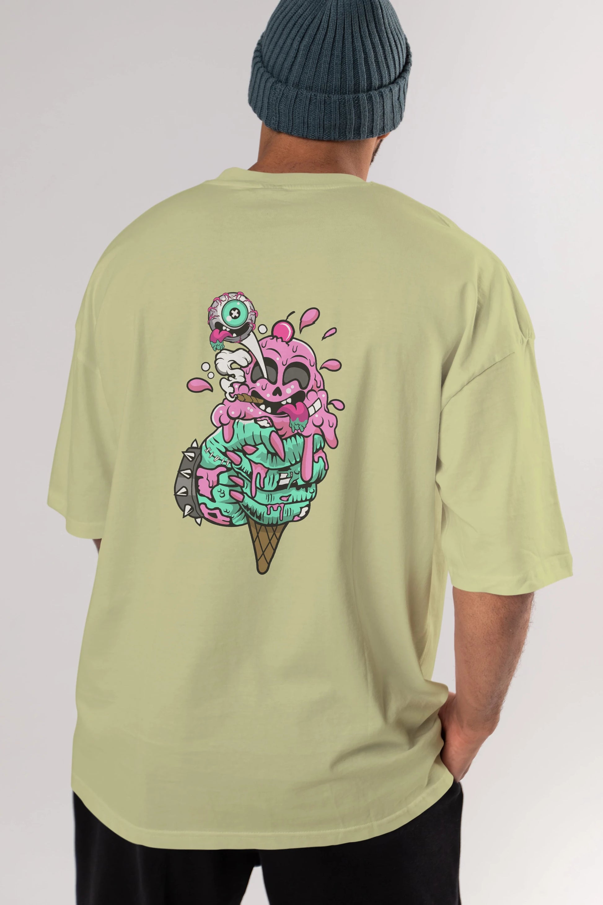 Ice Cream Zombie Arka Baskılı Oversize t-shirt Erkek Kadın Unisex %100 Pamuk tişort