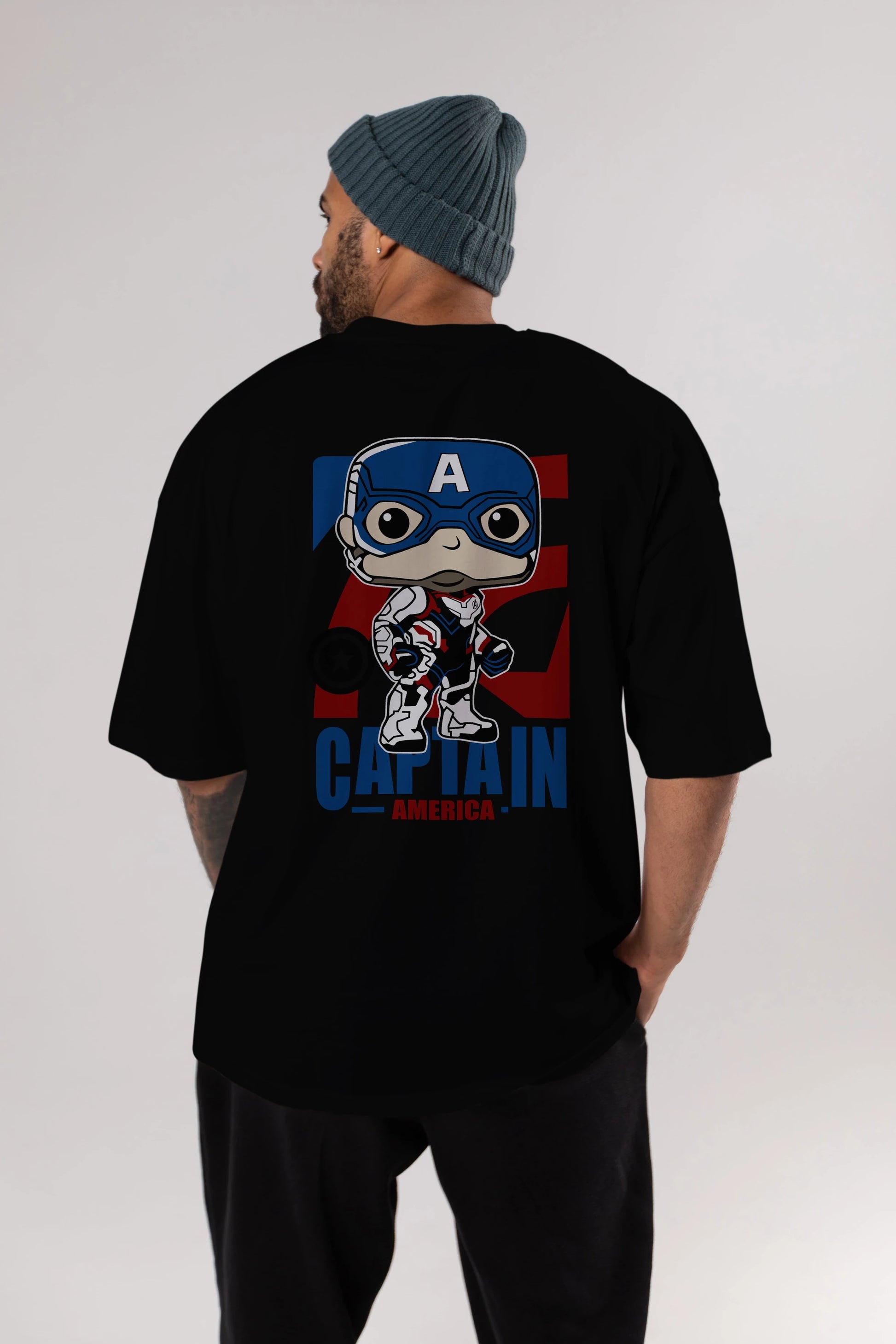 Captain America Arka Baskılı Oversize t-shirt Erkek Kadın Unisex %100 Pamuk Bisiklet Yaka tişort