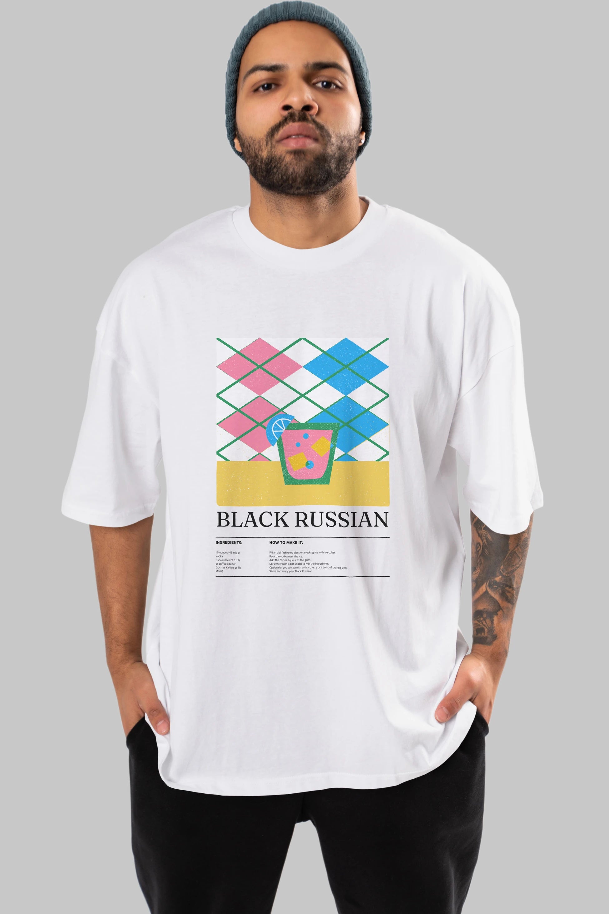 Black Russian Kokteyl Ön Baskılı Oversize t-shirt Erkek Kadın %100 Pamuk Bisiklet Yaka tişort