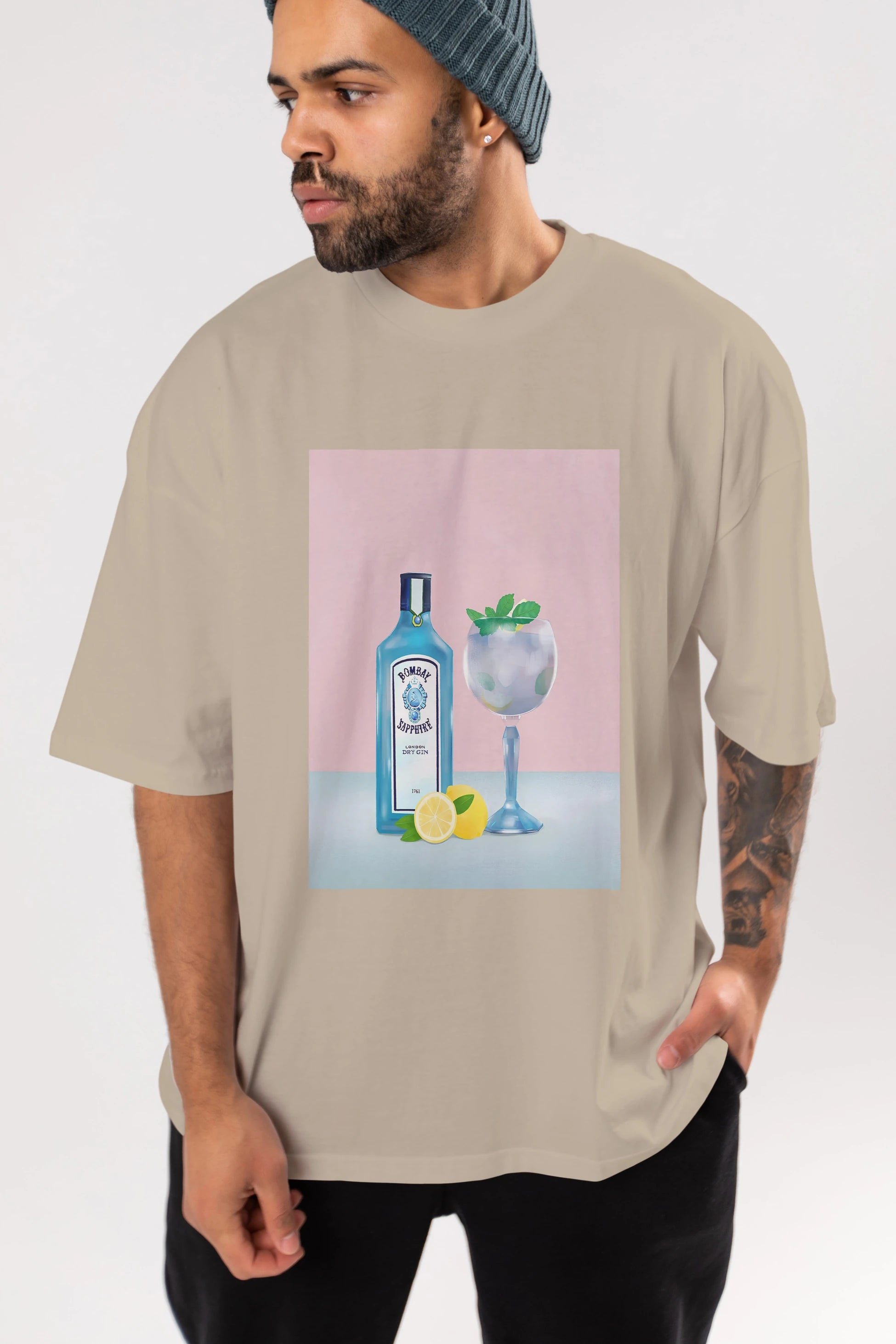 Bombay Sapphire Dry Gin Ön Baskılı Oversize t-shirt Erkek Kadın Unisex %100 Pamuk Bisiklet Yaka tişort