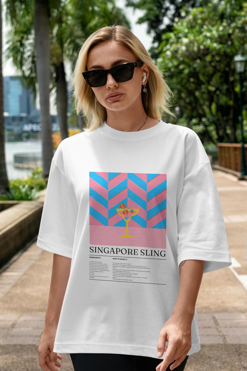 Sıngapore Sling Kokteyl Ön Baskılı Oversize t-shirt Erkek Kadın %100 Pamuk Bisiklet Yaka tişort