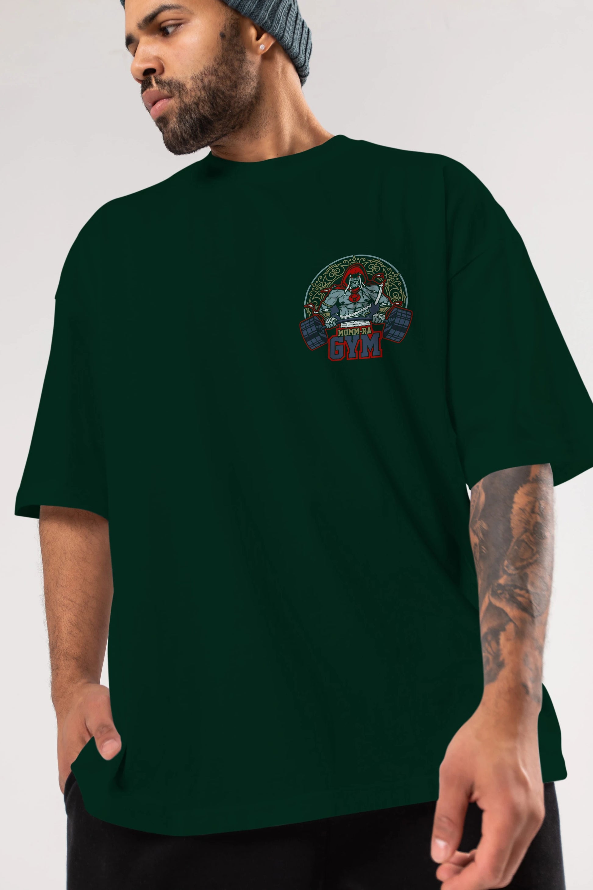 Mumm-ra GYM Ön Sol Baskılı Oversize t-shirt Erkek Kadın Unisex %100 Pamuk Bisiklet Yaka tişort