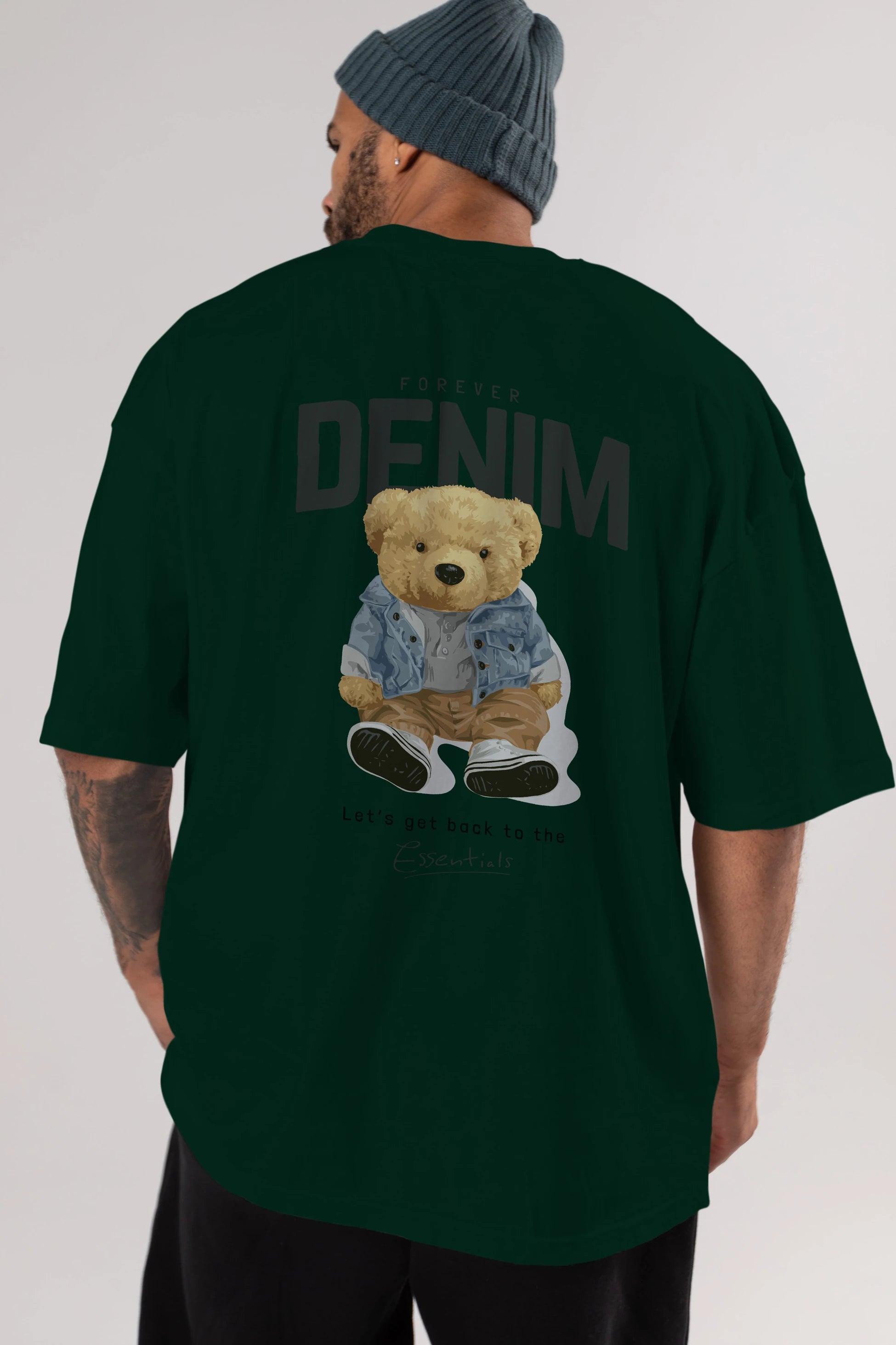 Teddy Bear Forever Denim Arka Baskılı Oversize t-shirt Erkek Kadın Unisex %100 Pamuk