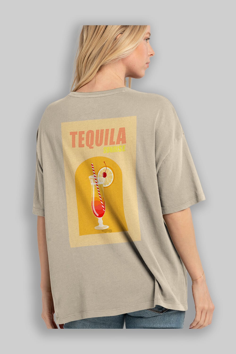 Tequila Sunrise Arka Baskılı Oversize t-shirt Erkek Kadın Unisex %100 Pamuk Bisiklet Yaka tişort