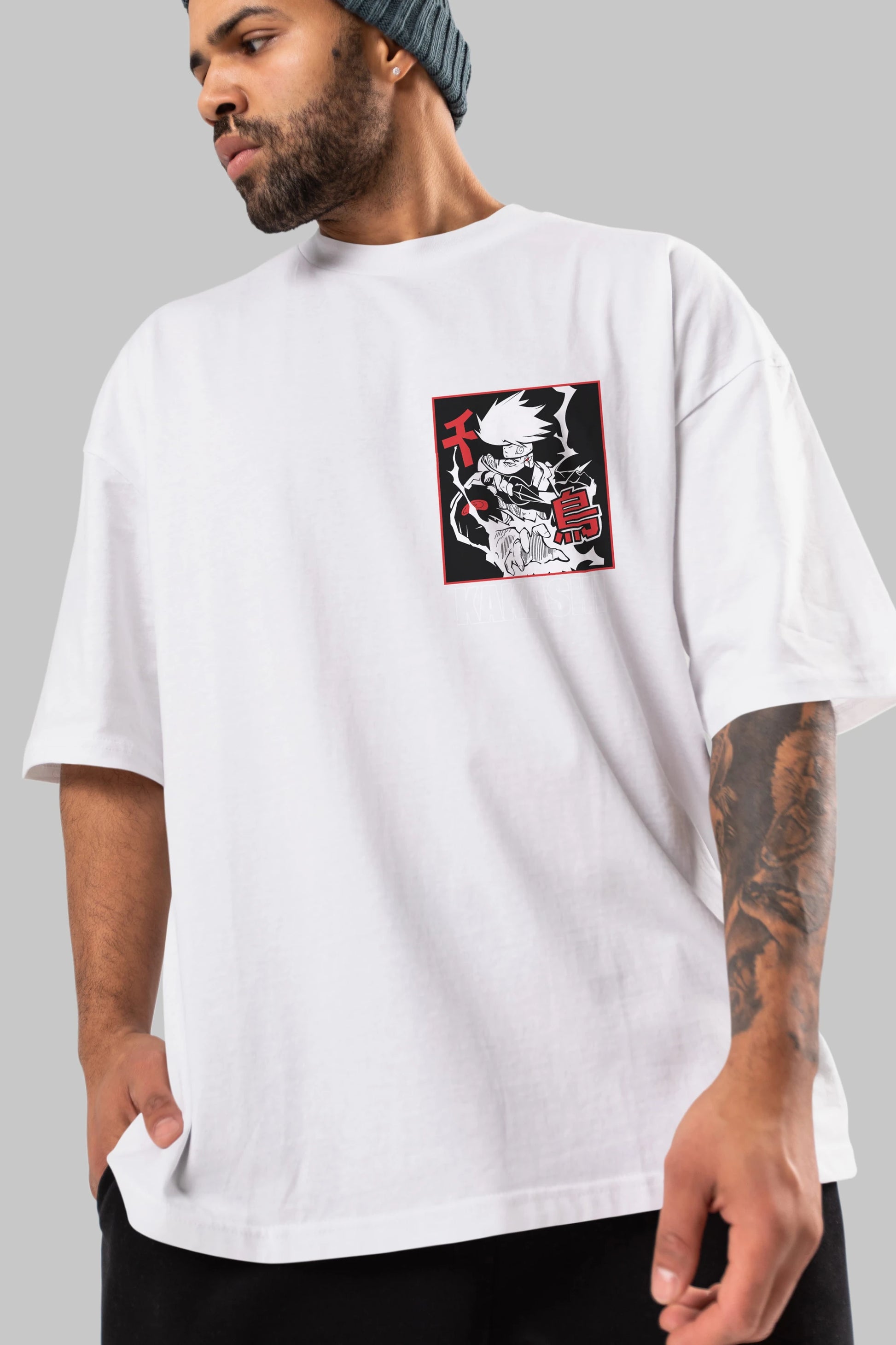 KAKASHI HATAKE NARUTO Ön Sol Baskılı Oversize t-shirt Erkek Kadın Unisex %100 Pamuk Bisiklet Yaka tişort
