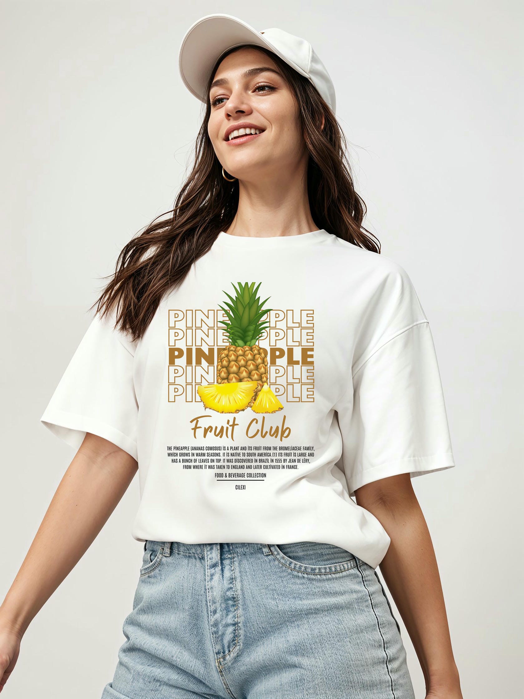 Pineapple Ön Baskılı Oversize t-shirt Erkek Kadın Pamuk Bisiklet Yaka tişort