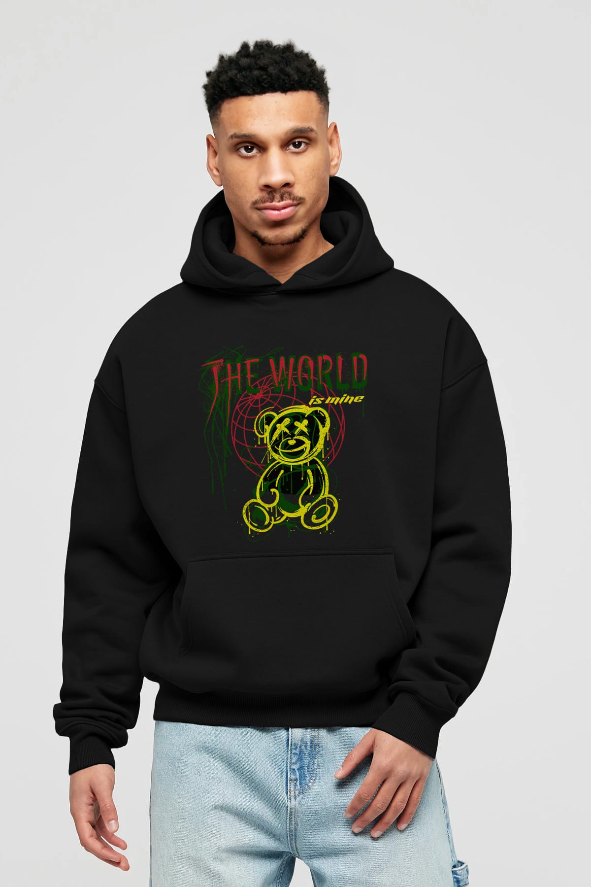 The World is Mine Bear Ön Baskılı Hoodie Oversize Kapüşonlu Sweatshirt Erkek Kadın Unisex