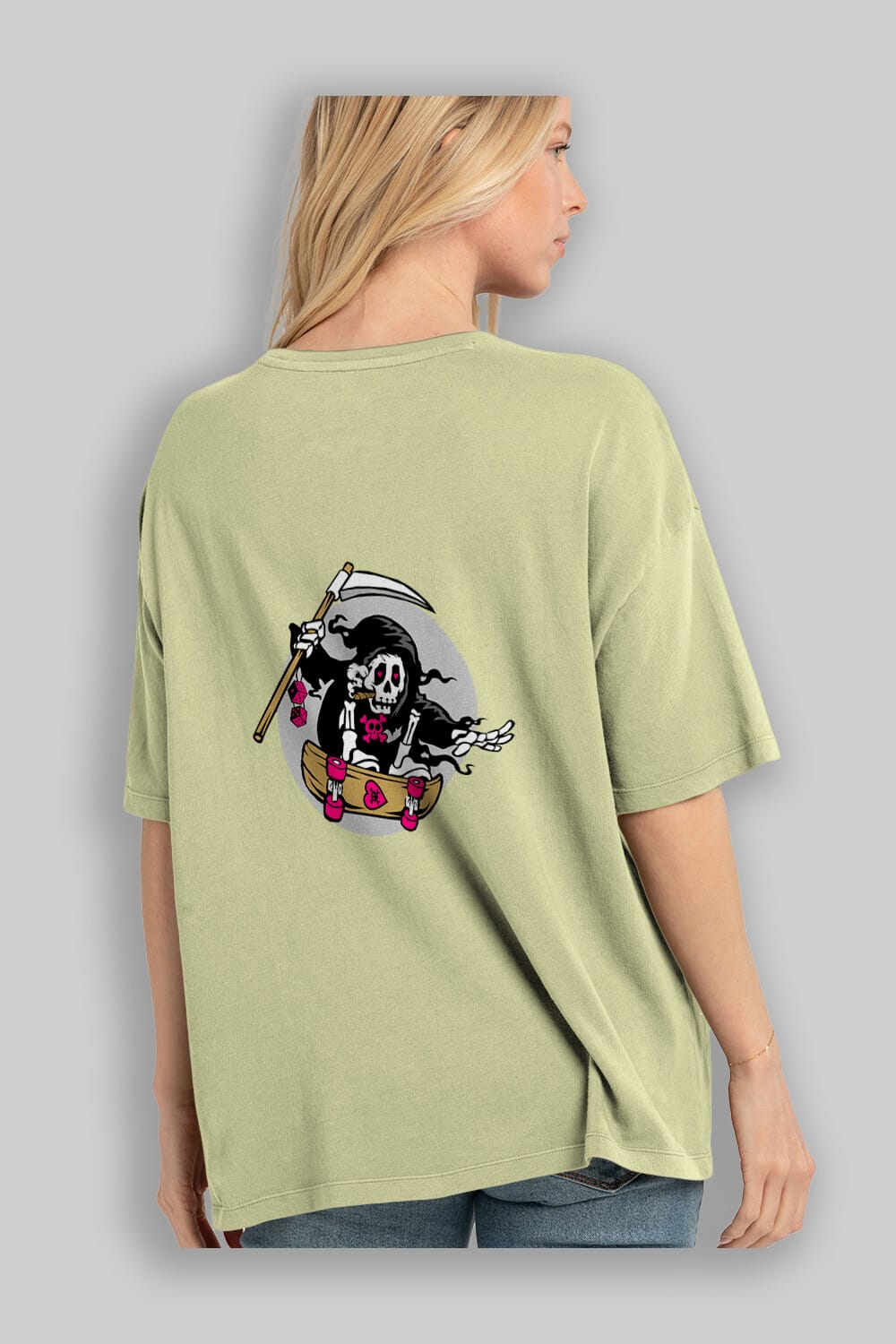 Grim Skater Arka Baskılı Oversize t-shirt Erkek Kadın Unisex %100 Pamuk tişort