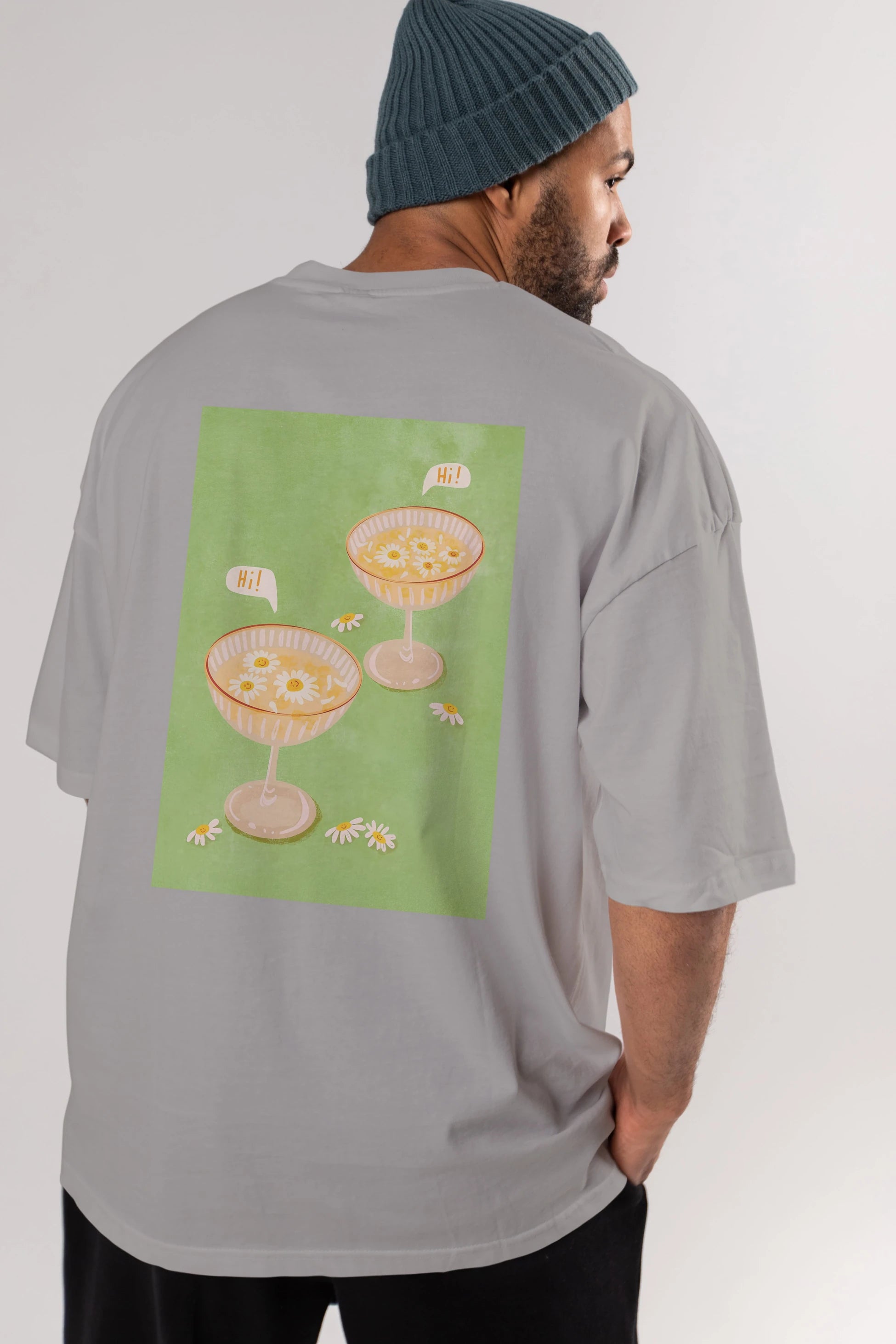 Hi Cheers Arka Baskılı Oversize t-shirt Erkek Kadın Unisex %100 Pamuk Bisiklet Yaka tişort