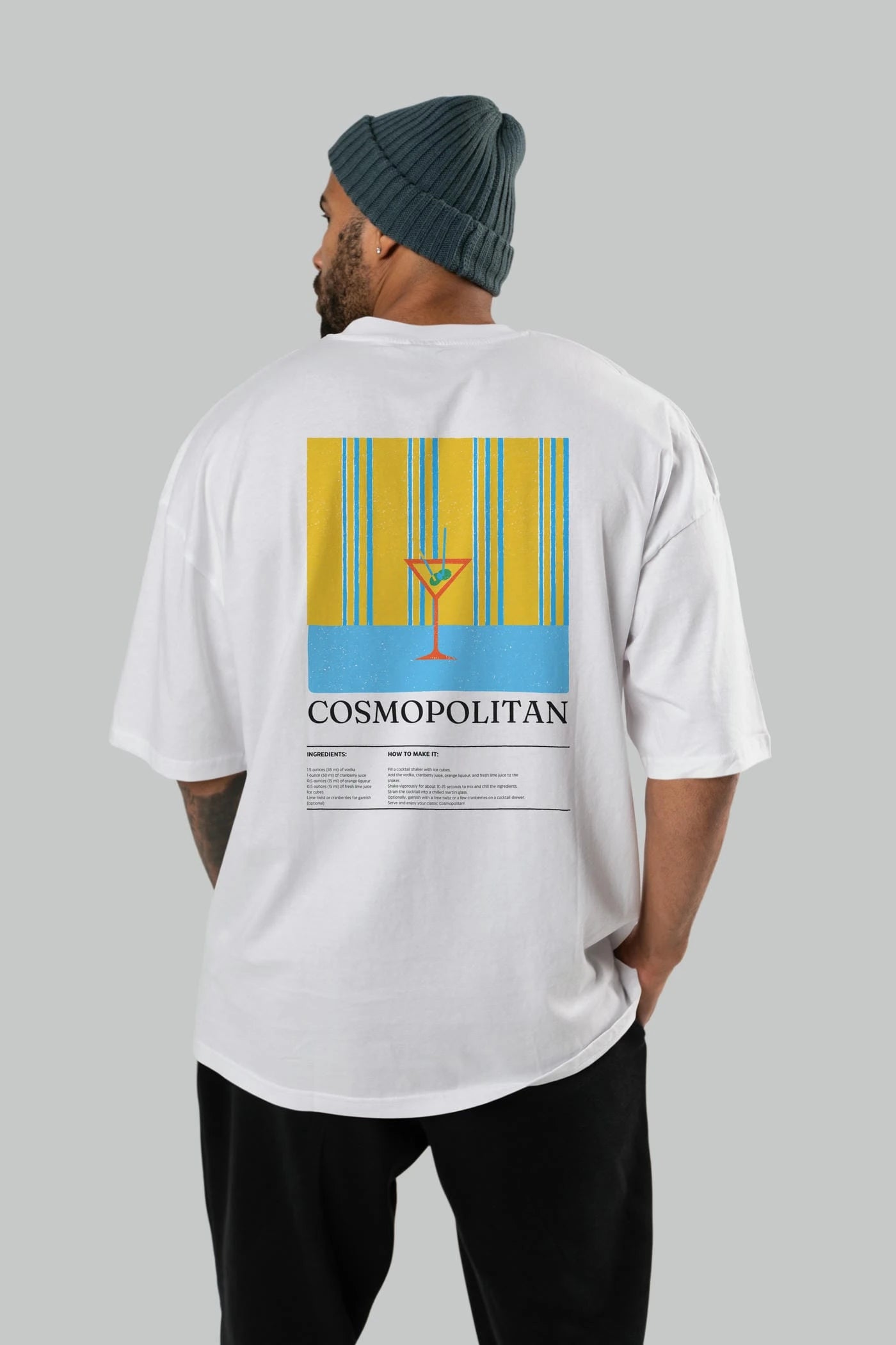 Cosmopolitan Kokteyl Serisi Arka Baskılı Oversize t-shirt Erkek Kadın %100 Pamuk Bisiklet Yaka tişort