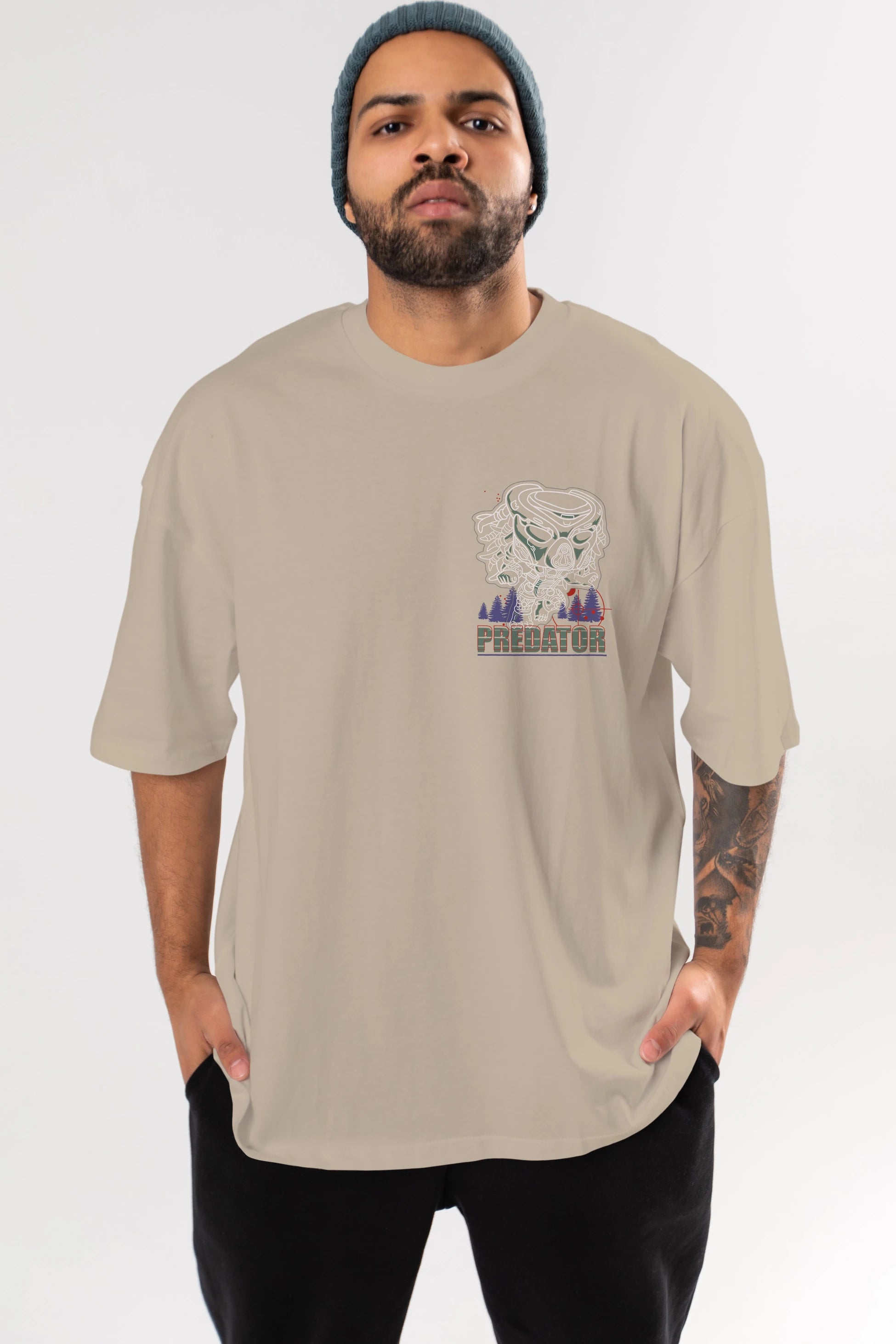 Predator Ön Sol Baskılı Oversize t-shirt Erkek Kadın Unisex %100 Pamuk Bisiklet Yaka tişort
