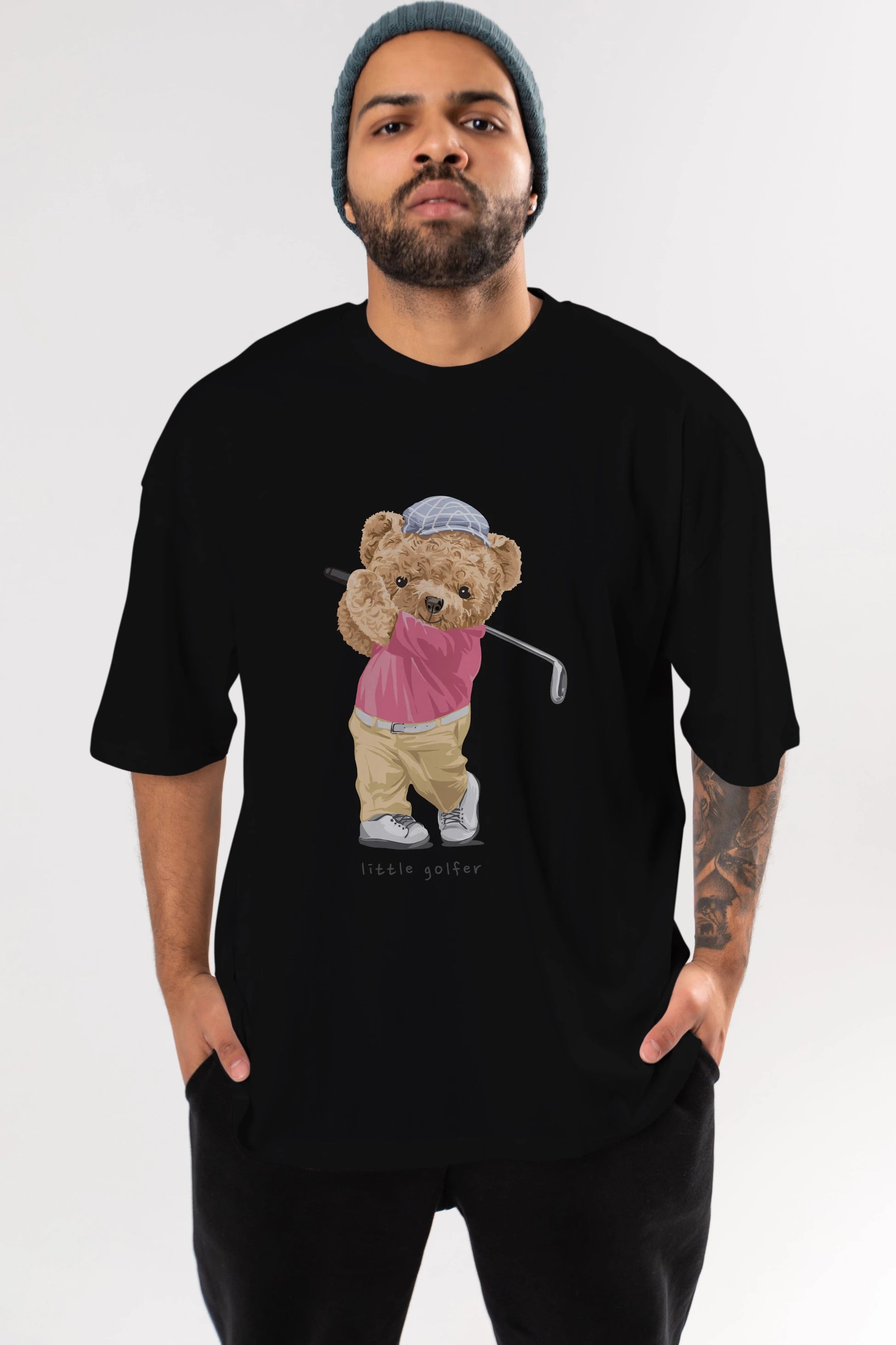 Teddy Bear Little Golfer Ön Baskılı Oversize t-shirt Erkek Kadın Unisex %100 Pamuk