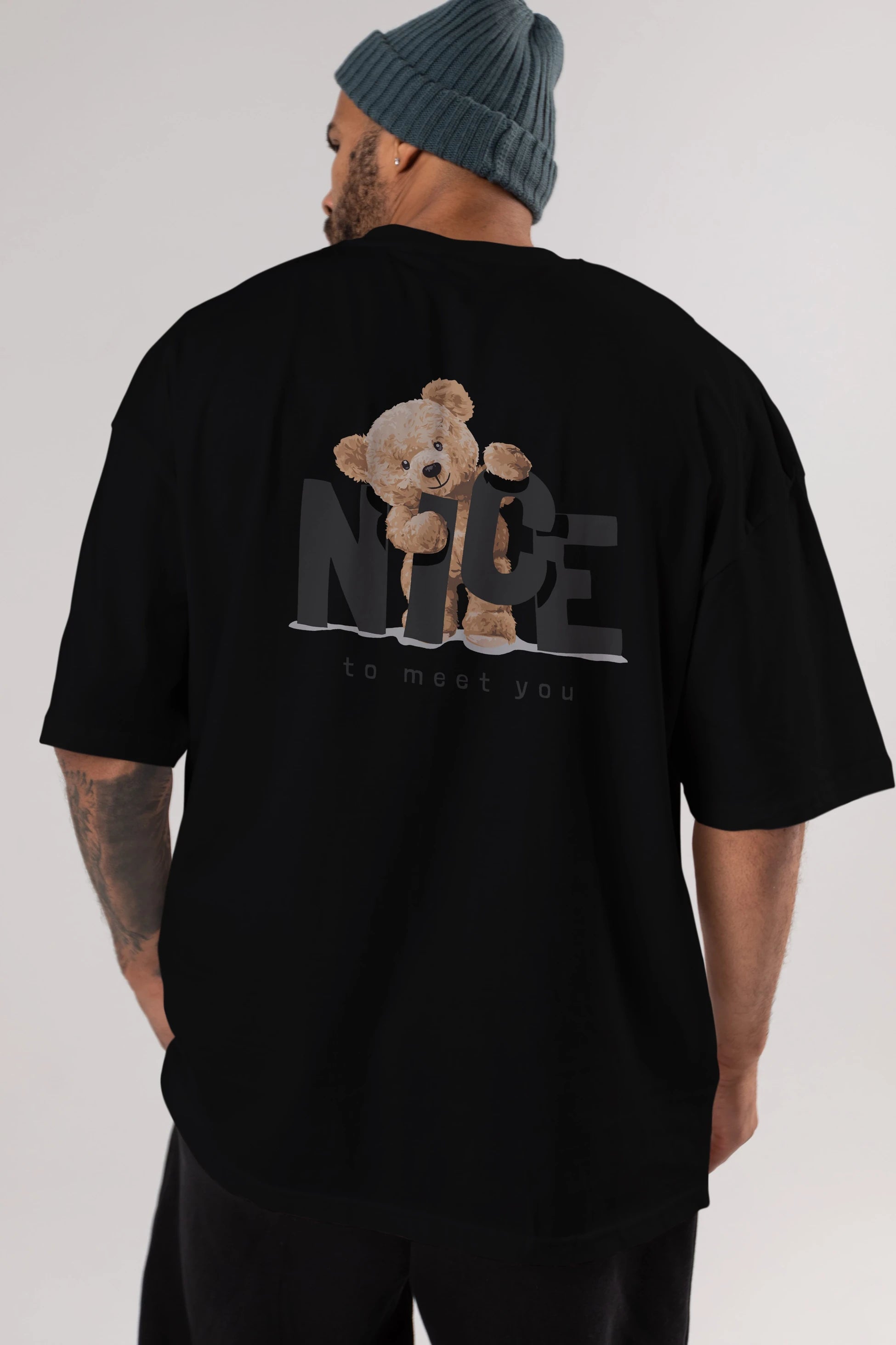 Teddy Nıce To Meet You Arka Baskılı Oversize t-shirt Erkek Kadın Unisex %100 Pamuk