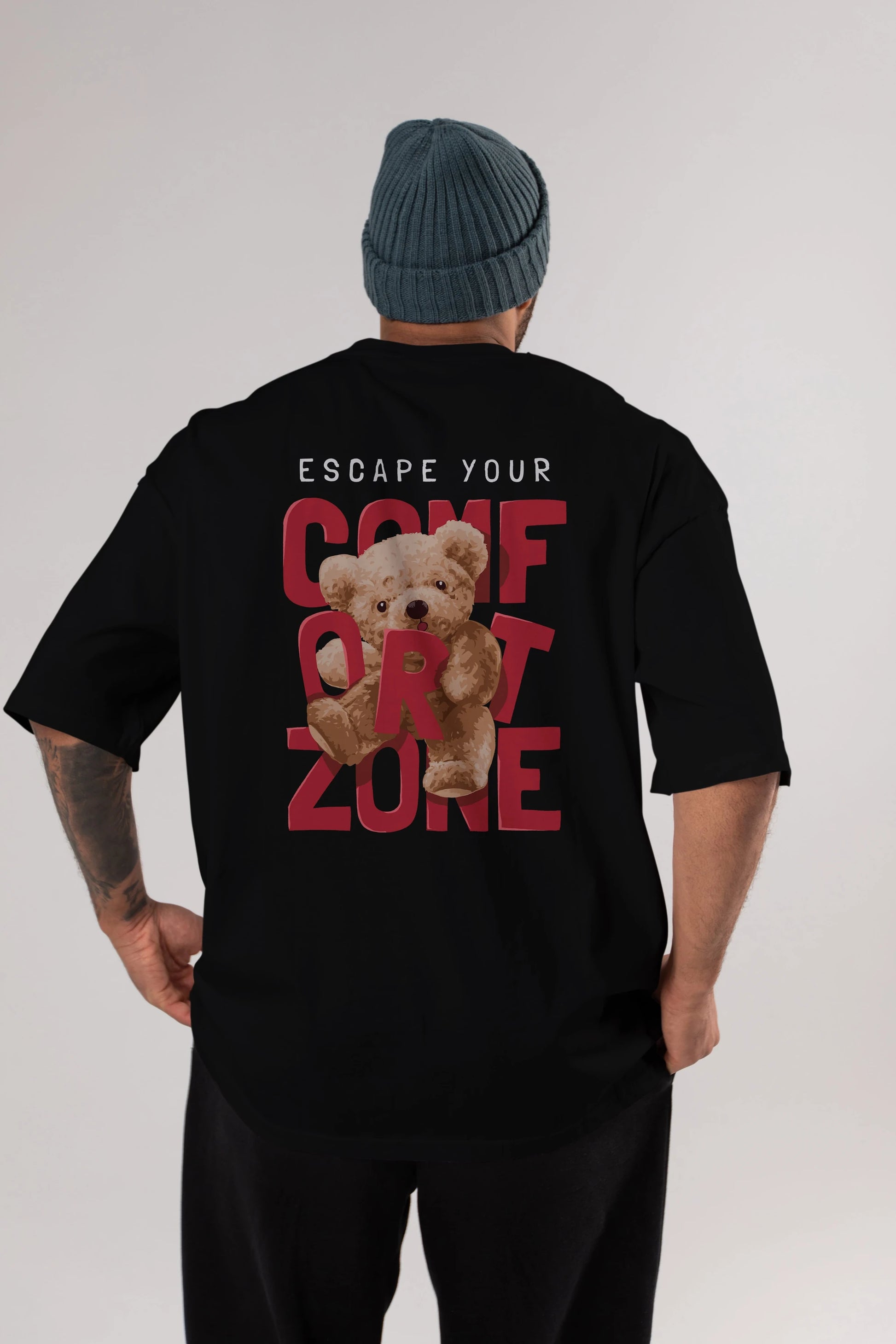 Teddy Bear Escape Comfort Zone Arka Baskılı Oversize t-shirt Erkek Kadın Unisex %100 Pamuk