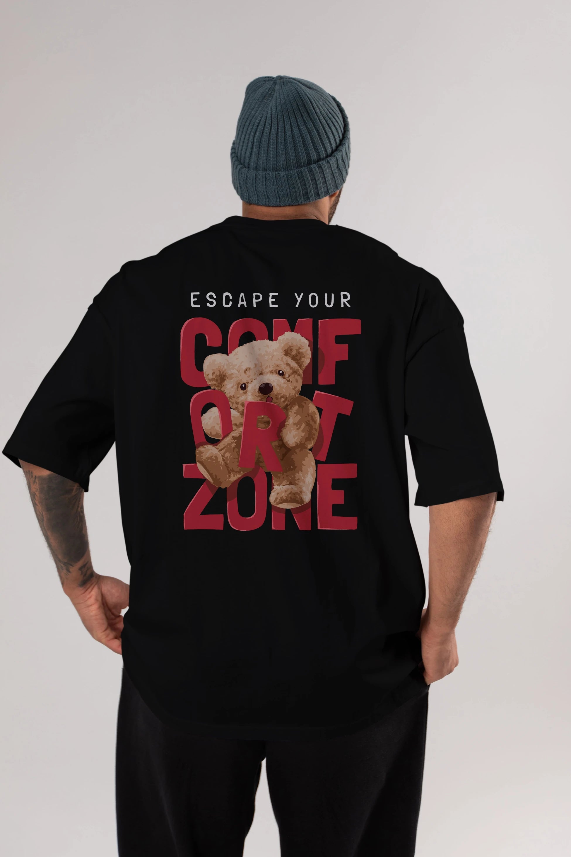 Teddy Bear Escape Comfort Zone Arka Baskılı Oversize t-shirt Erkek Kadın Unisex %100 Pamuk