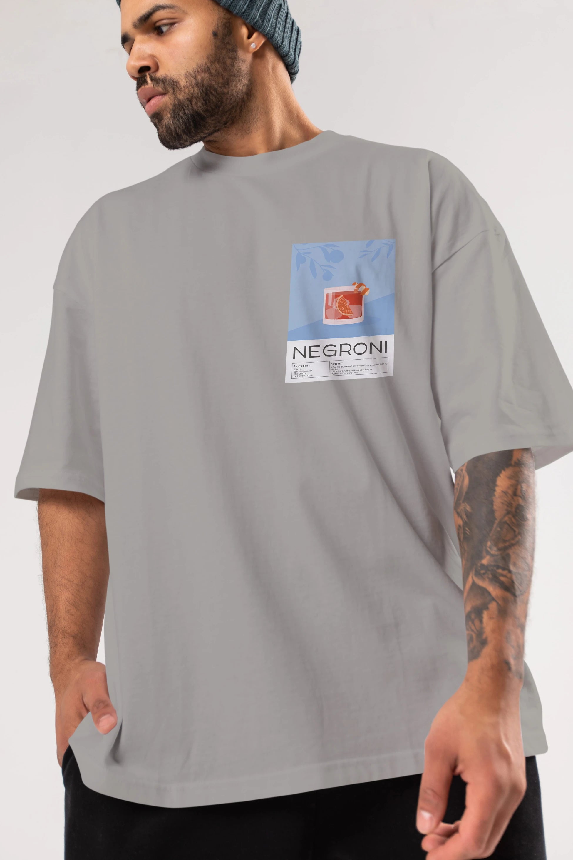 Negroni Ön Sol Baskılı Oversize t-shirt Erkek Kadın Unisex %100 Pamuk Bisiklet Yaka tişort