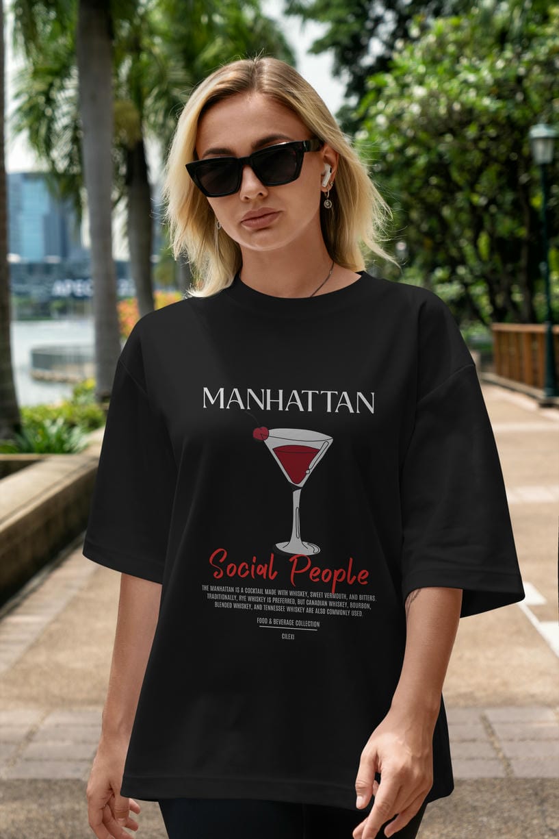 Manhattan Kokteyl Serisi ön Baskılı Oversize t-shirt Erkek Kadın %100 Pamuk Bisiklet Yaka tişort