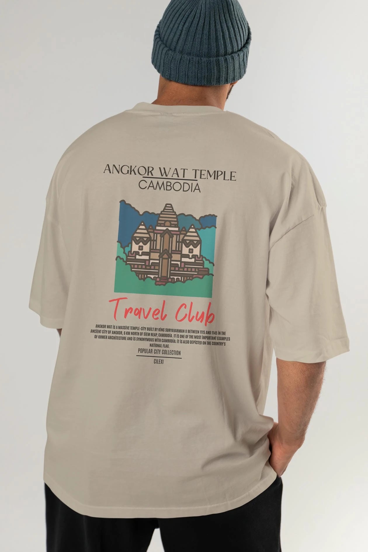 Angkor Wat Temple Cambodia Arka Baskılı Oversize t-shirt Erkek Kadın Pamuk Bisiklet Yaka tişort