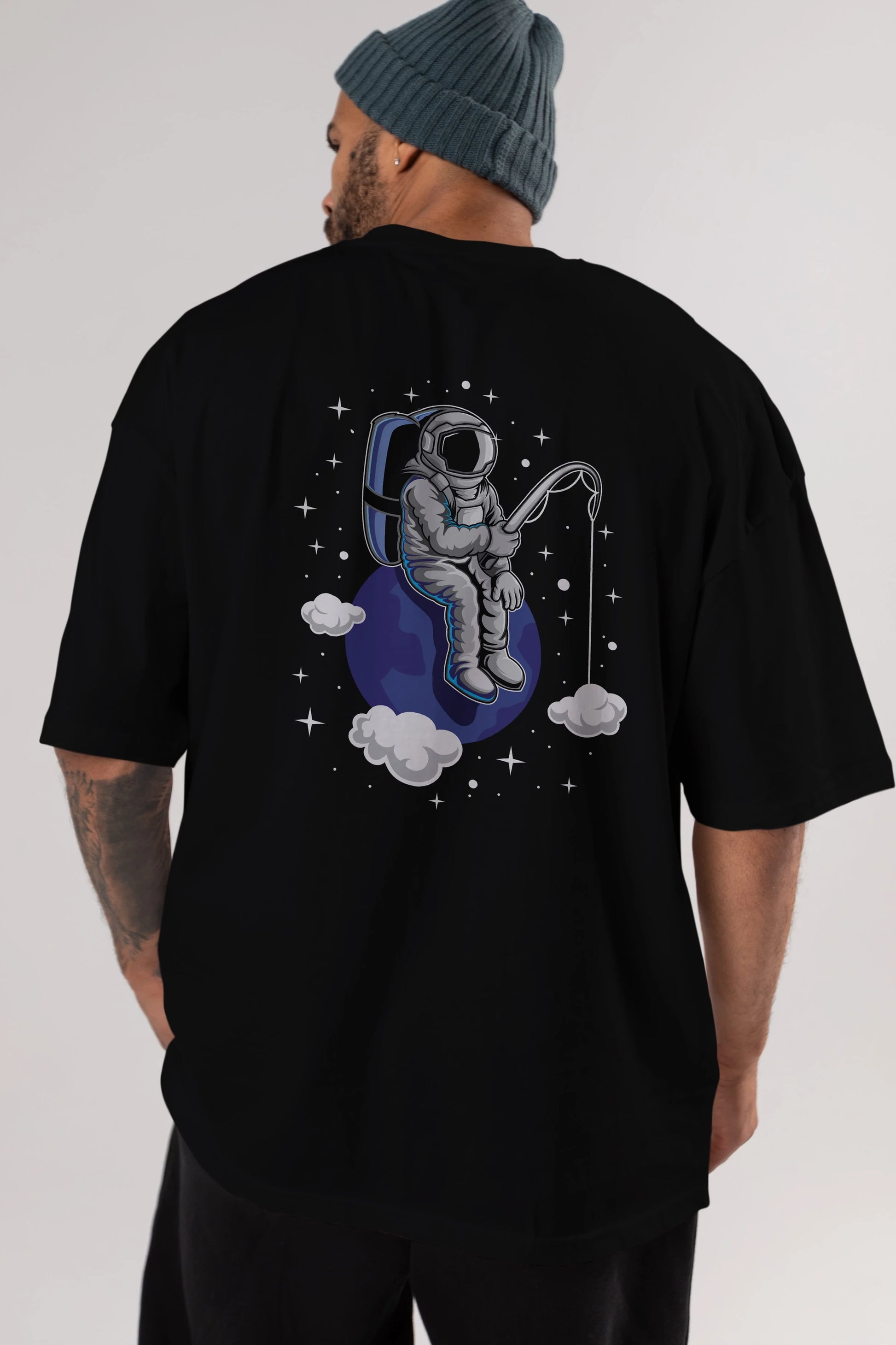 Astronaut Fishing (2) Arka Baskılı Oversize t-shirt Erkek Kadın Unisex