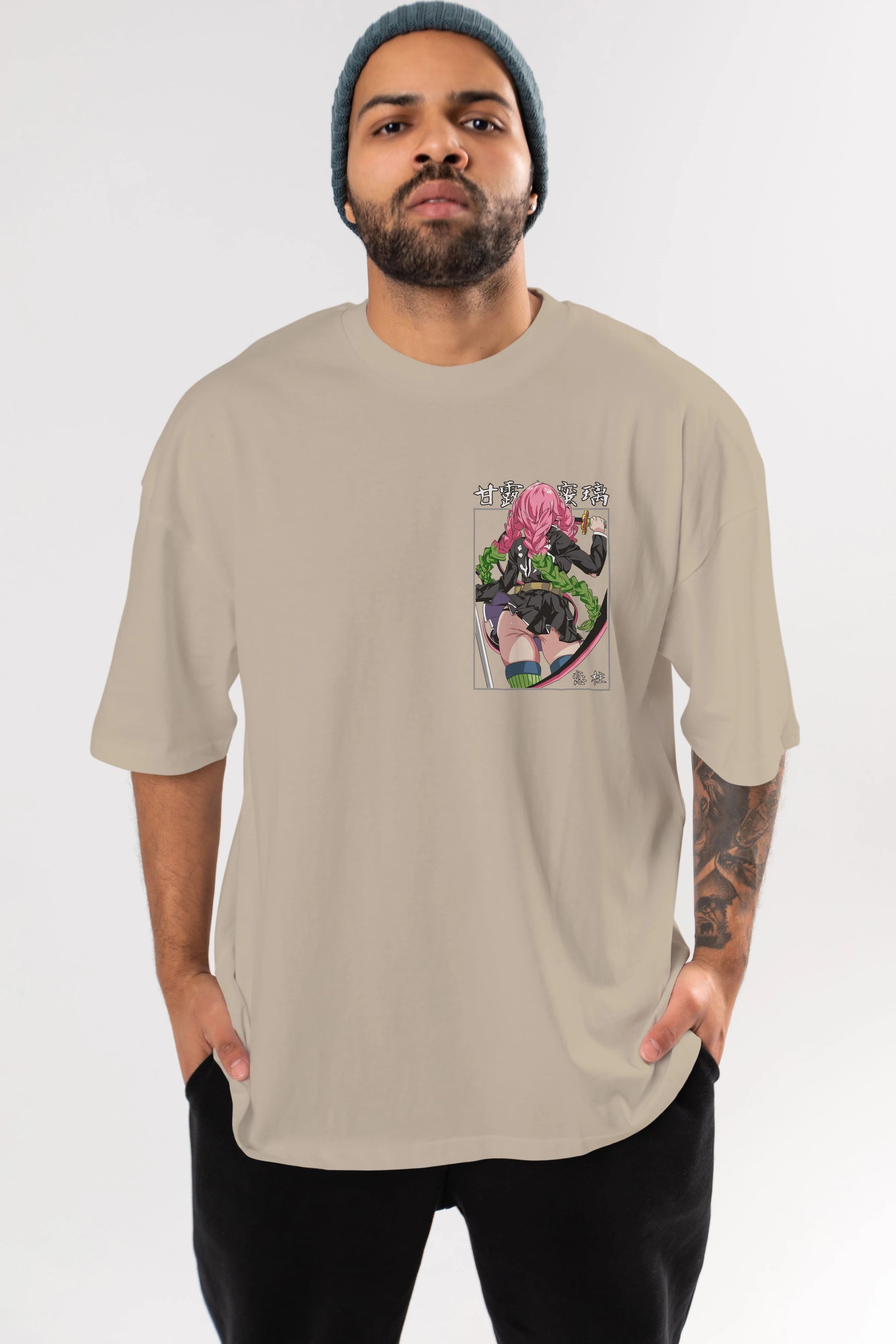 Mitsuri DEMONSLAYER Ön Sol Baskılı Oversize t-shirt Erkek Kadın Unisex %100 Pamuk Bisiklet Yaka tişort