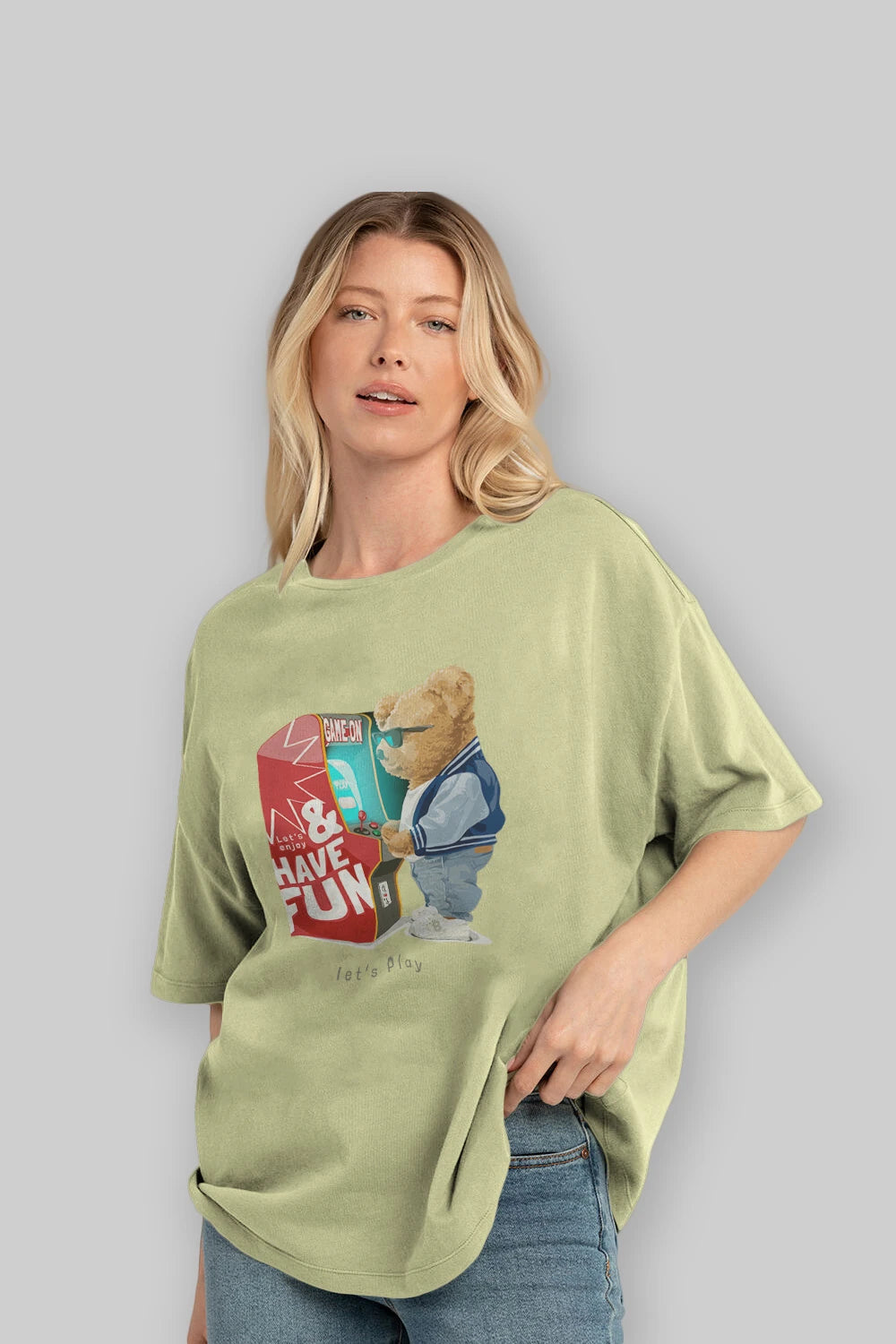 Teddy Bear Lets Play Ön Baskılı Oversize t-shirt Erkek Kadın Unisex %100 Pamuk