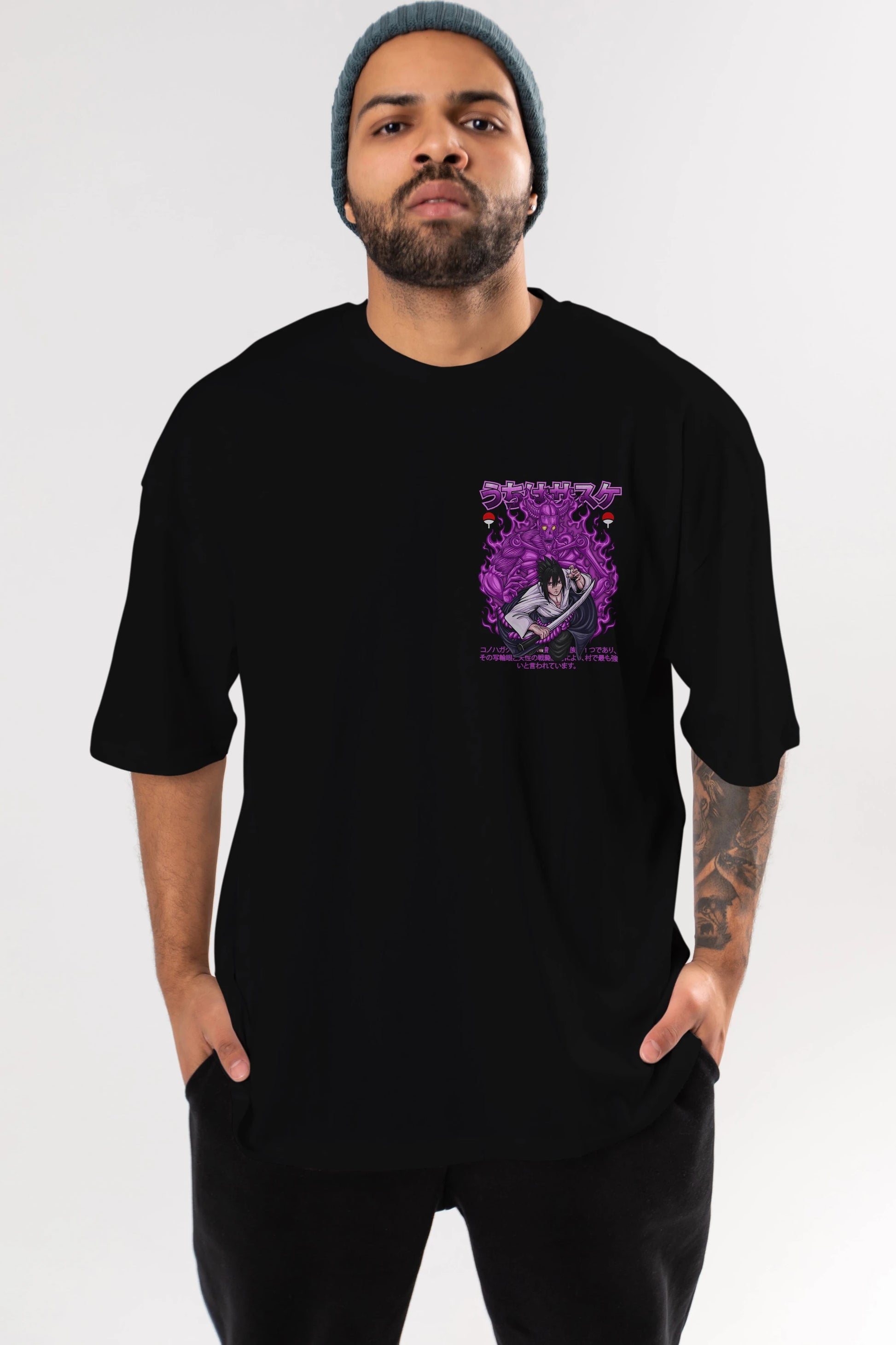 SASUKE UCHIHA NARUTO Ön Sol Baskılı Oversize t-shirt Erkek Kadın Unisex %100 Pamuk Bisiklet Yaka tişort