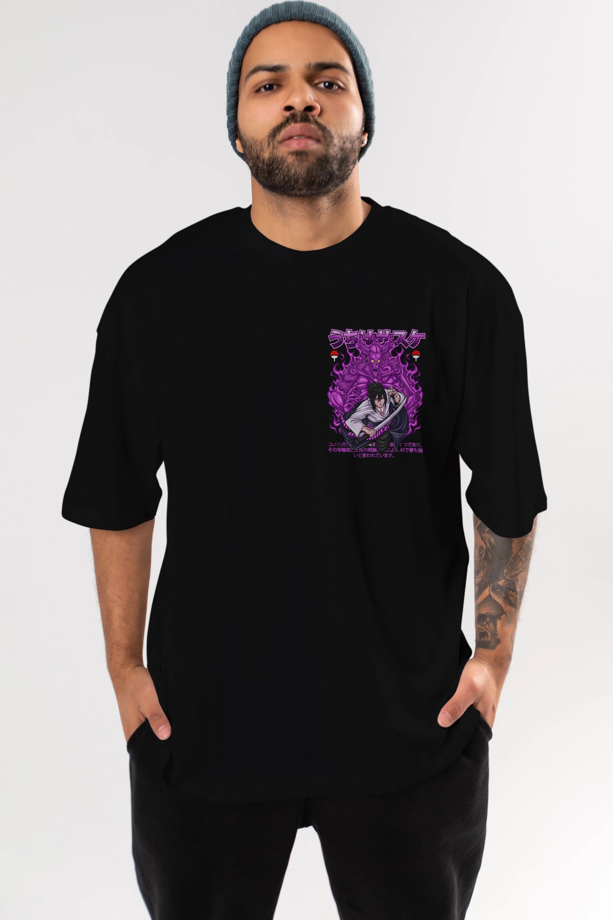 SASUKE UCHIHA NARUTO Ön Sol Baskılı Oversize t-shirt Erkek Kadın Unisex %100 Pamuk Bisiklet Yaka tişort