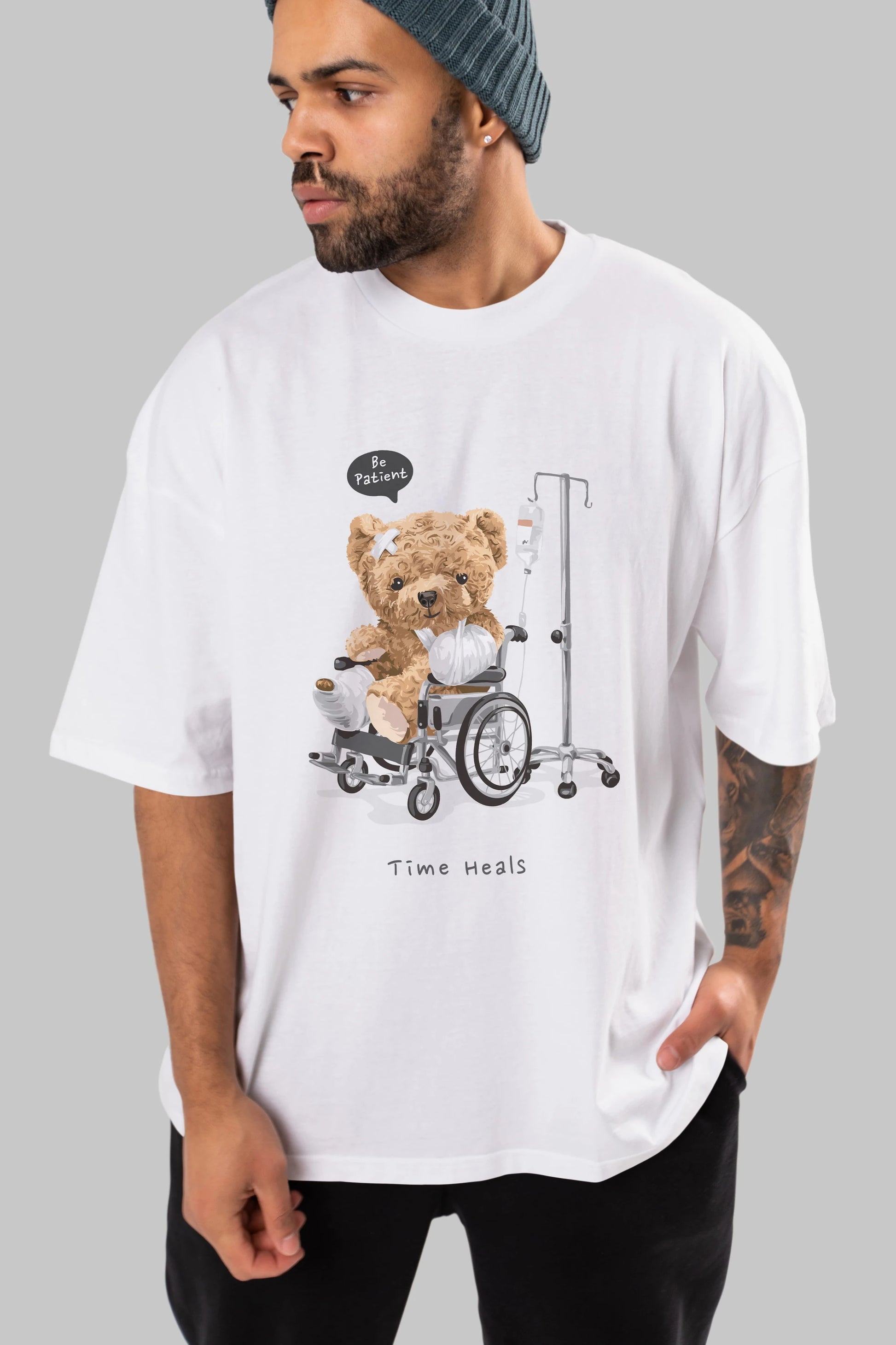 Teddy Bear Time Heals Ön Baskılı Oversize t-shirt Erkek Kadın Unisex %100 Pamuk