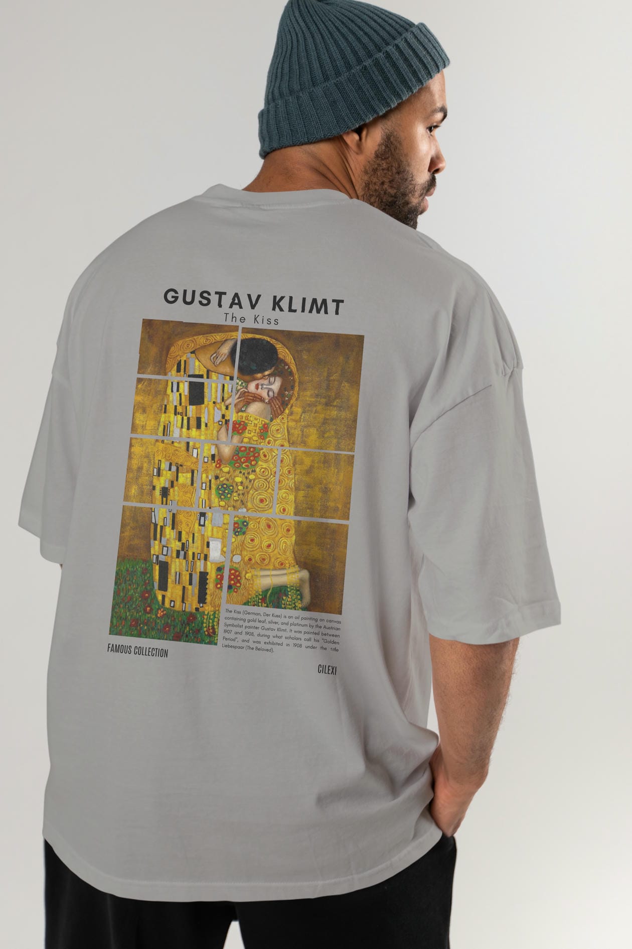 Gustav Klimt The Kiss Arka Baskılı Oversize t-shirt Erkek Kadın Bisiklet Yaka Pamuk tişort