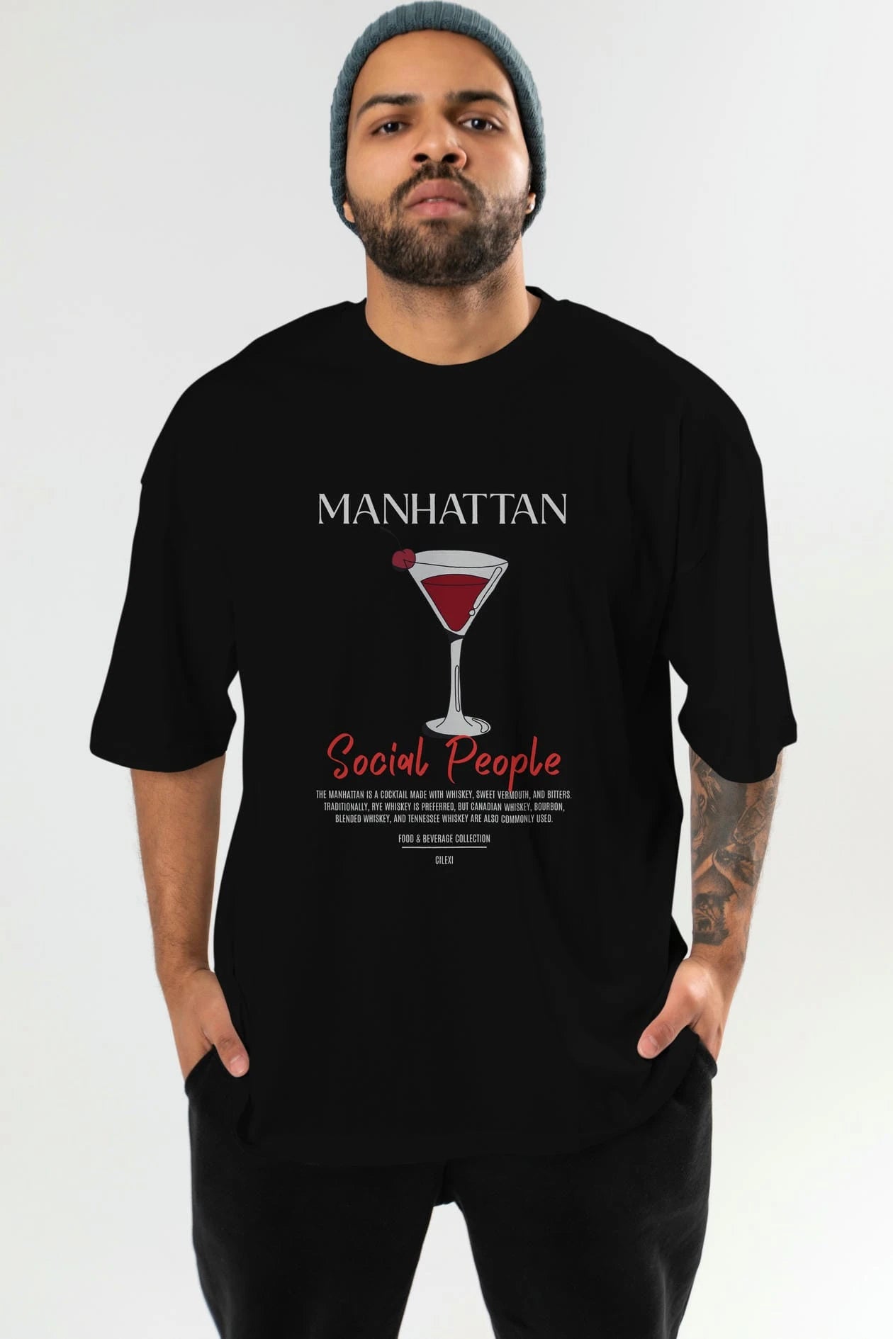 Manhattan Kokteyl Serisi ön Baskılı Oversize t-shirt Erkek Kadın %100 Pamuk Bisiklet Yaka tişort