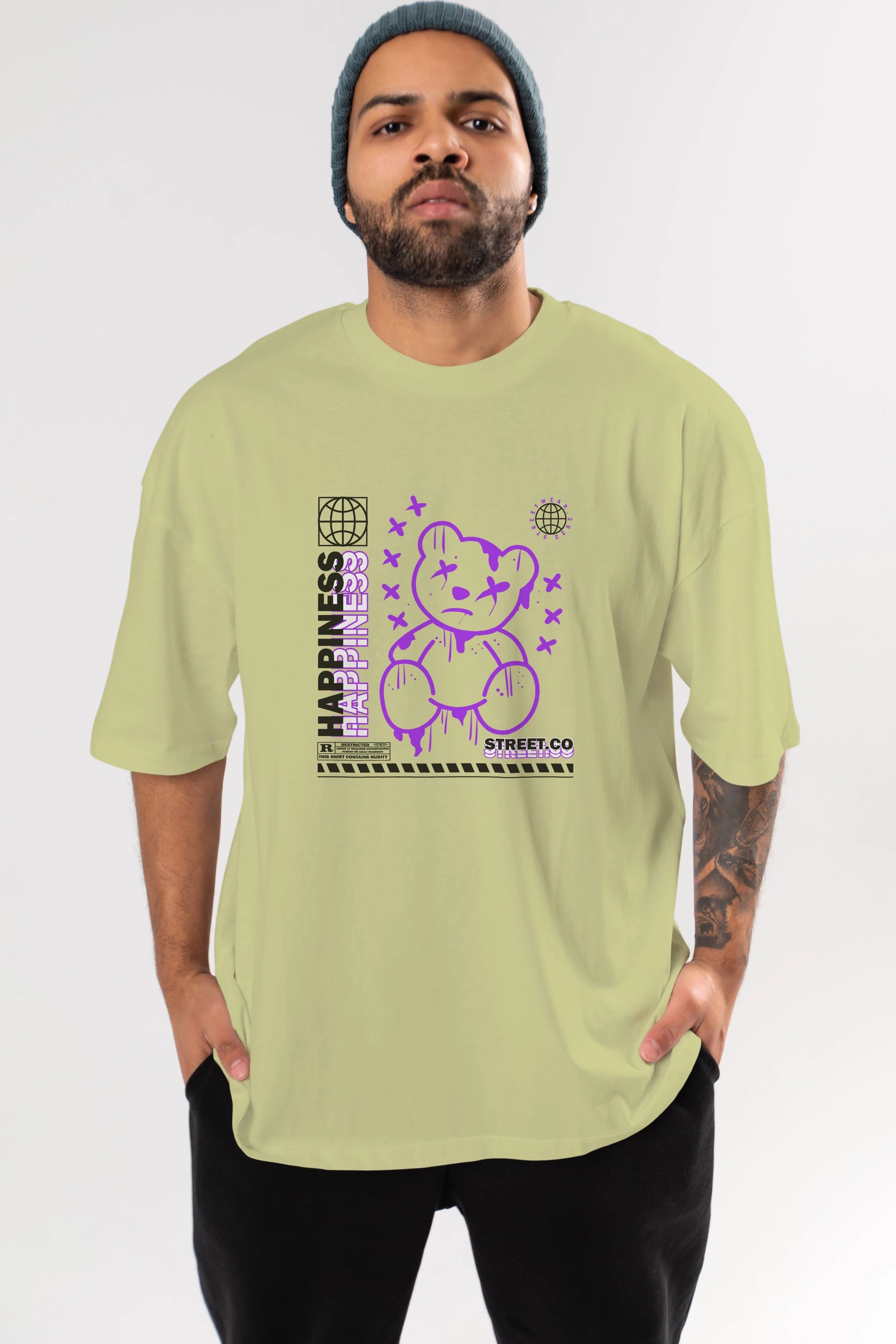 Happiness Bear 3 Ön Baskılı Oversize t-shirt Erkek Kadın Unisex