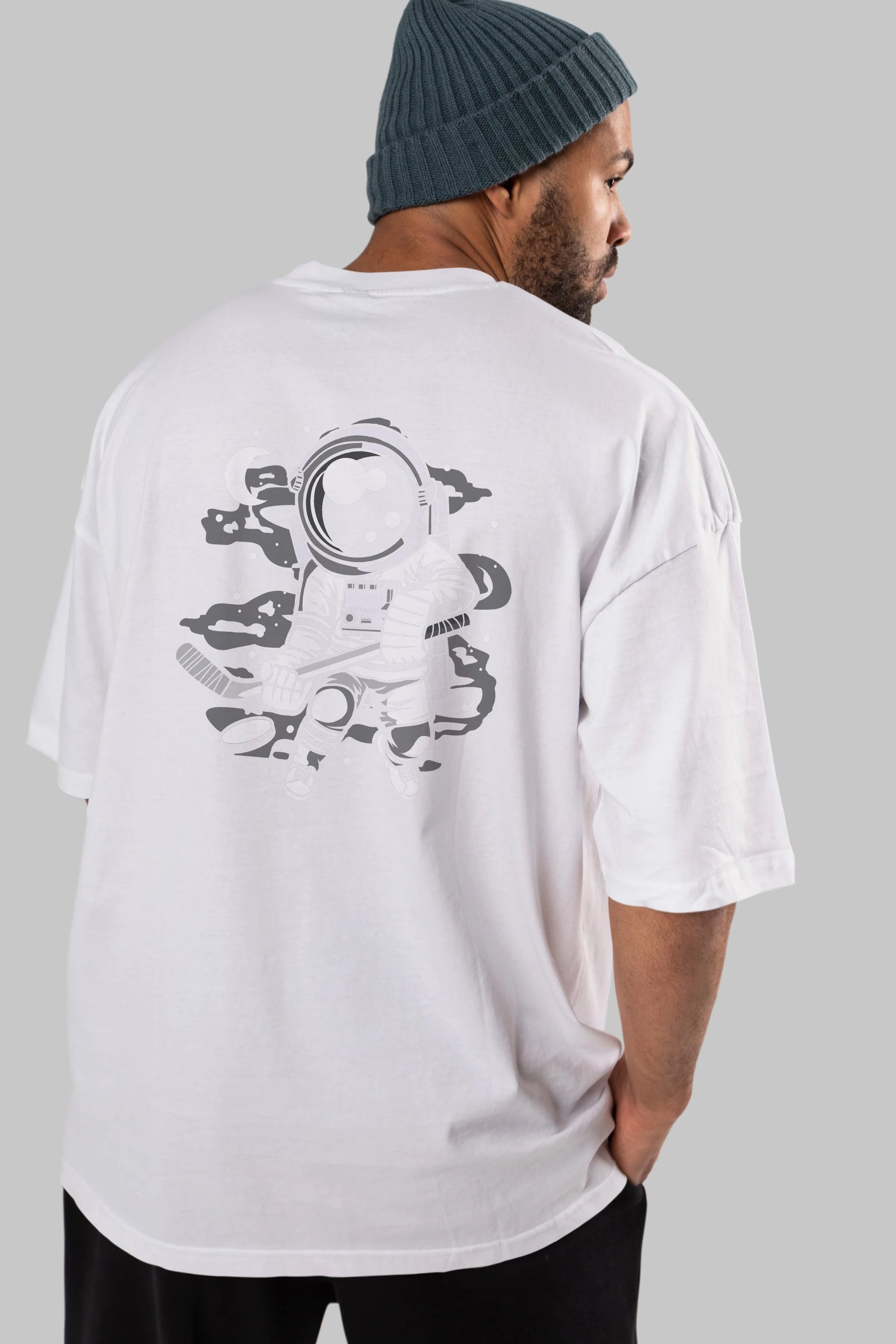 Hockey Player Astronaut Arka Baskılı Oversize t-shirt Erkek Kadın Unisex