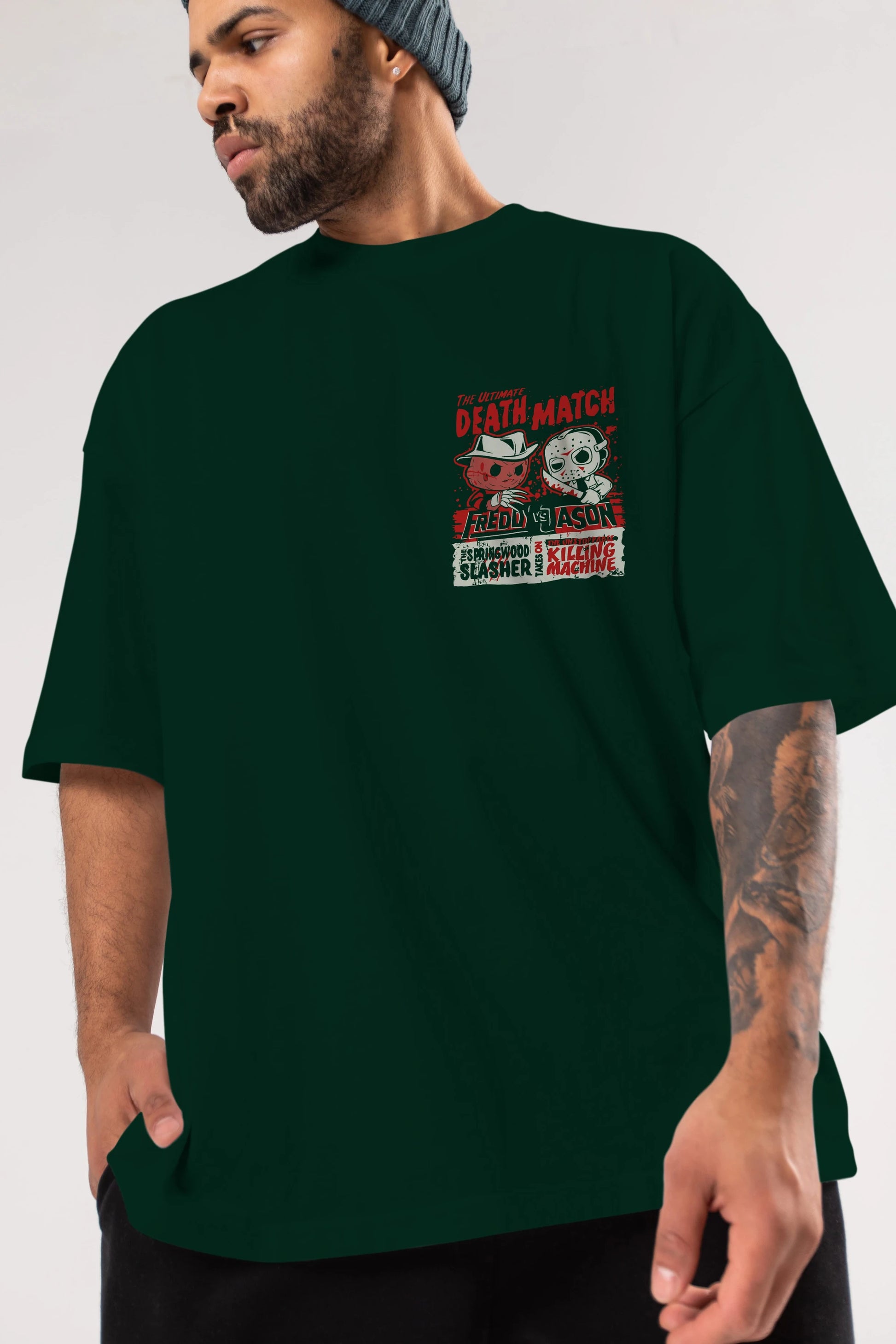 Freddy vs Jason Ön Sol Baskılı Oversize t-shirt Erkek Kadın Unisex %100 Pamuk Bisiklet Yaka tişort