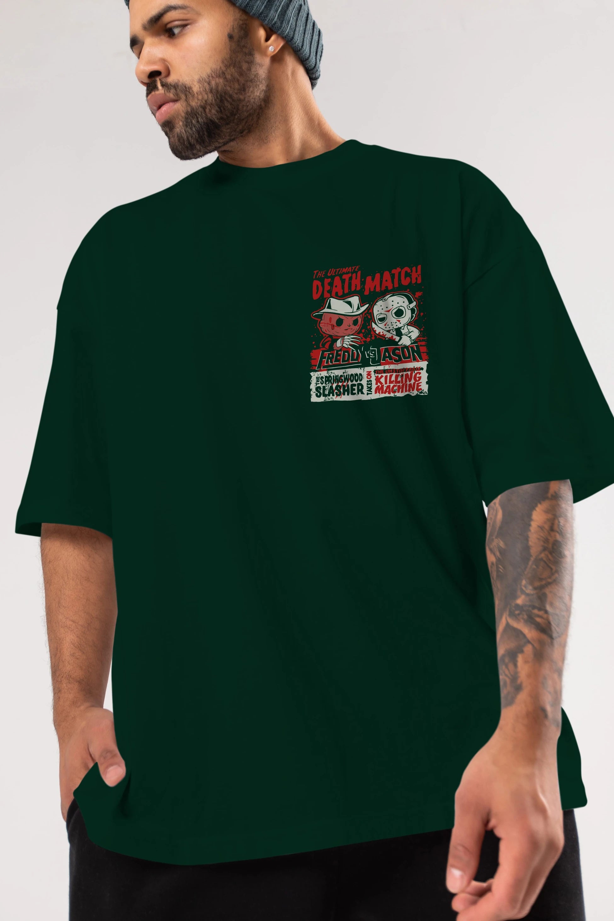 Freddy vs Jason Ön Sol Baskılı Oversize t-shirt Erkek Kadın Unisex %100 Pamuk Bisiklet Yaka tişort