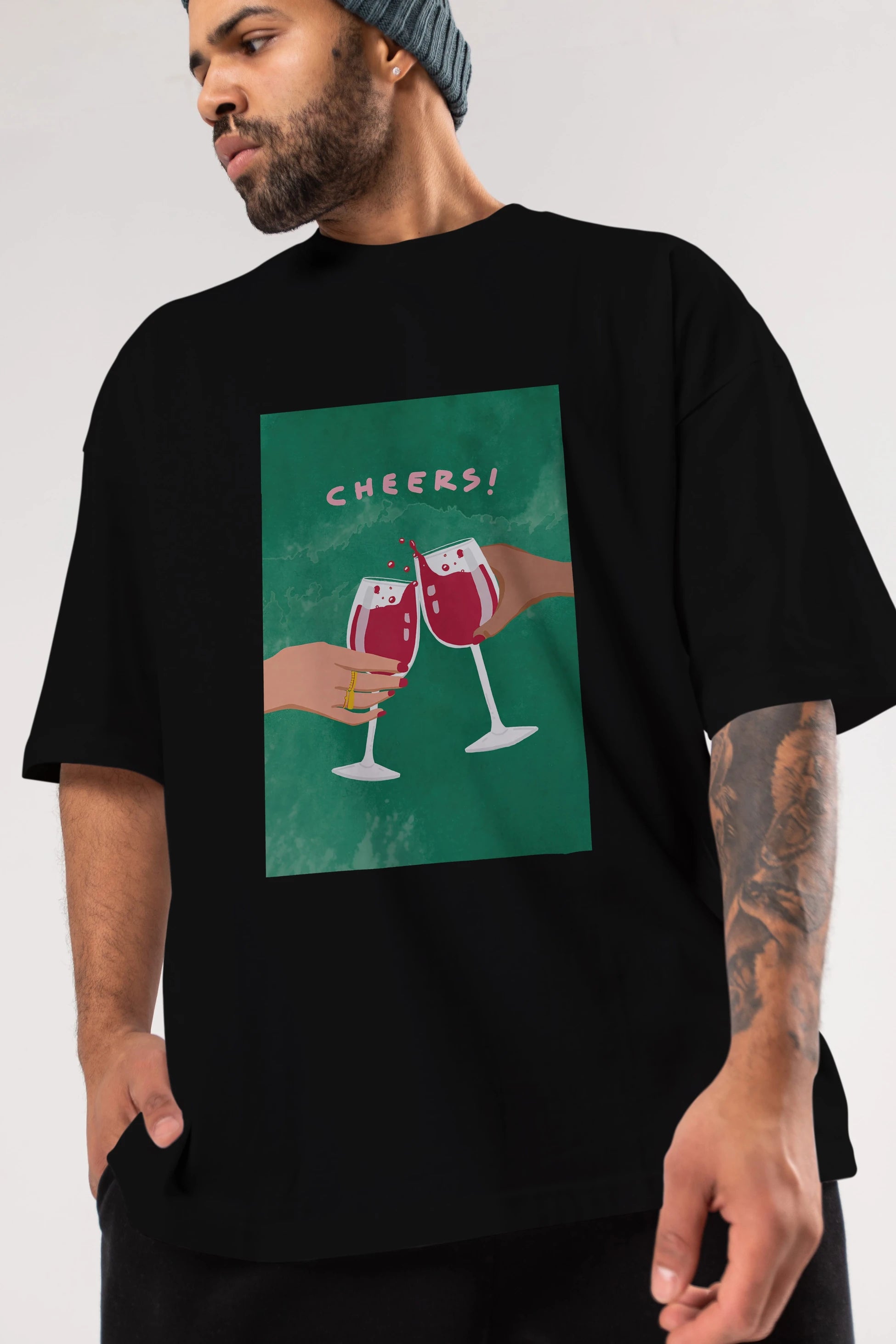 Cheers Ön Baskılı Oversize t-shirt Erkek Kadın Unisex %100 Pamuk Bisiklet Yaka tişort