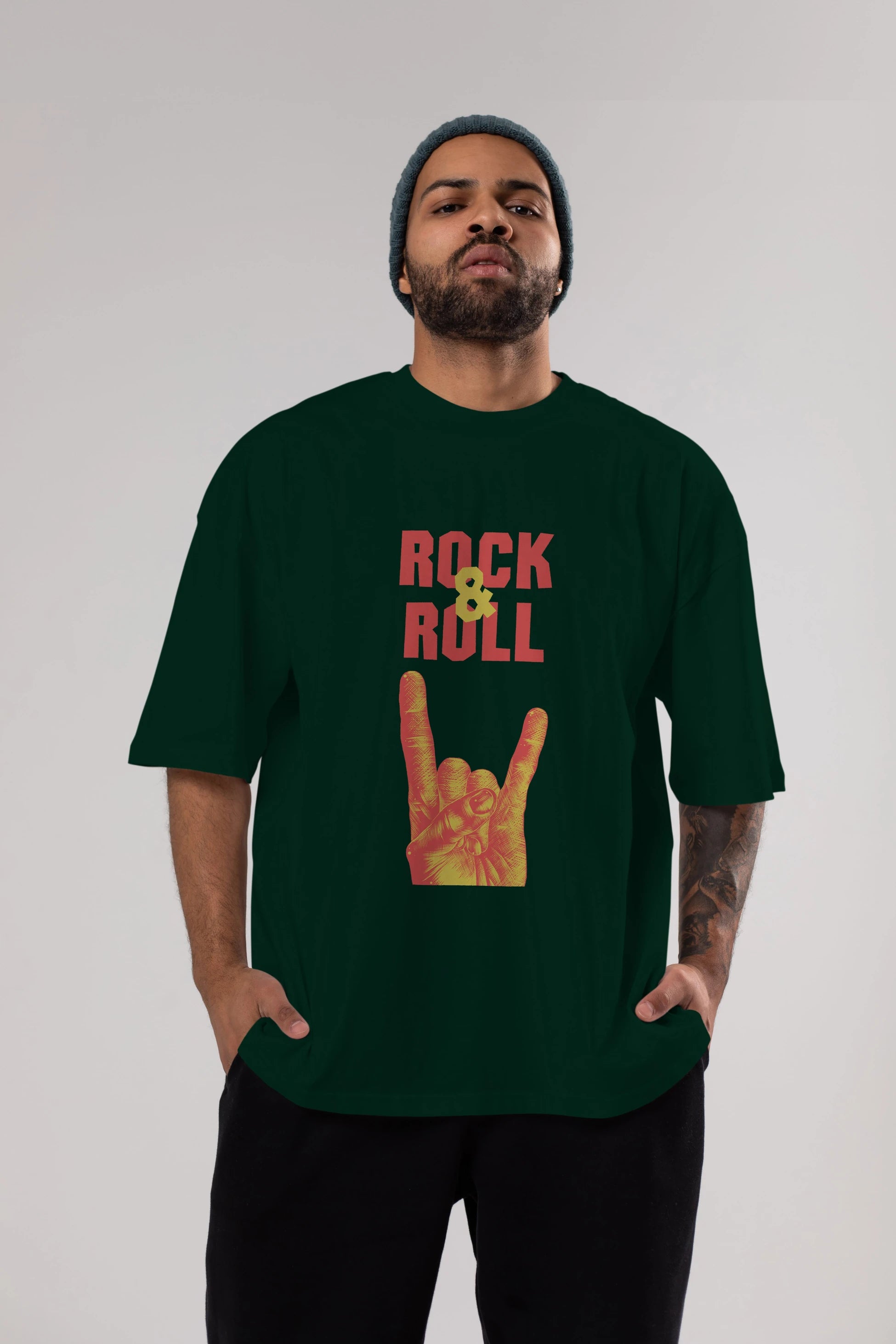 Rock & Roll Yazılı Ön Baskılı Oversize t-shirt Erkek Kadın Unisex
