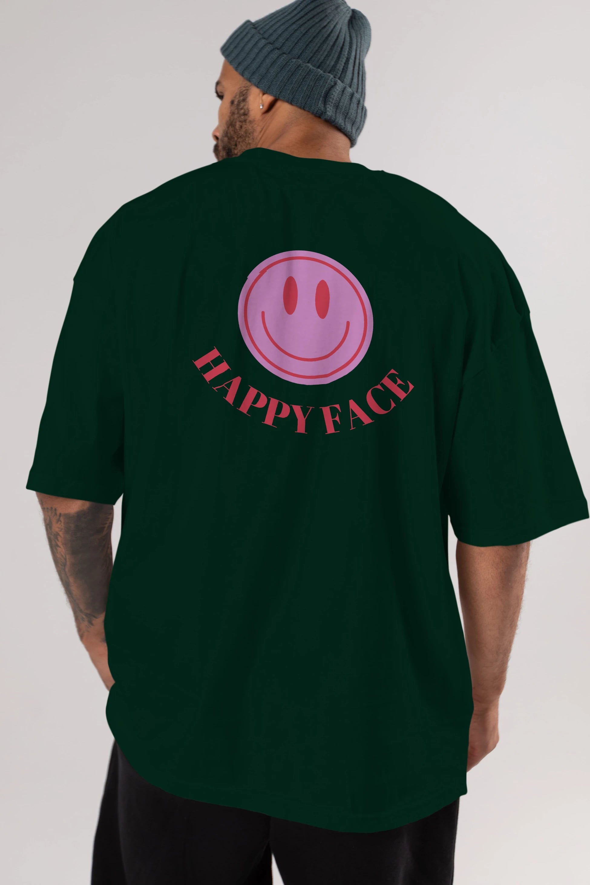 Happy Face Yazılı Arka Baskılı Oversize t-shirt Erkek Kadın Unisex