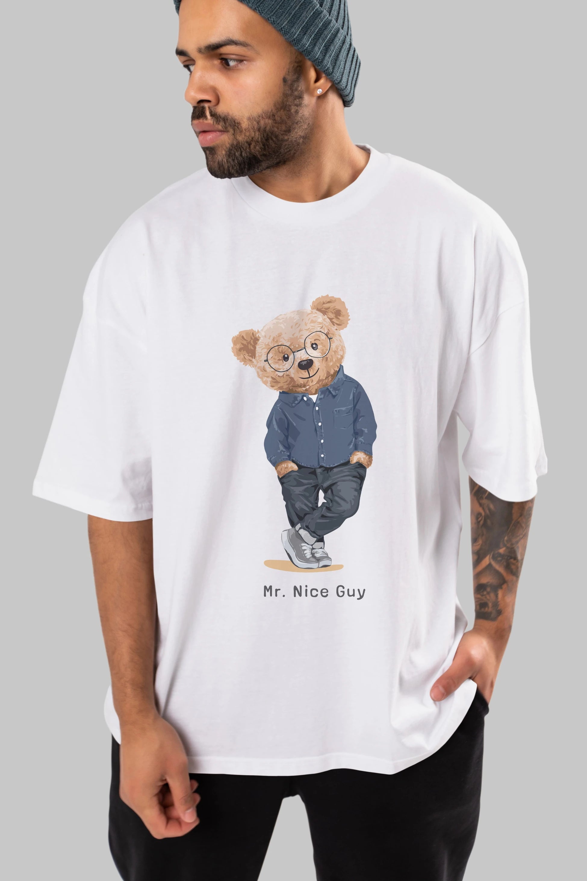 Teddy Bear Mr. Nice Guy Ön Baskılı Oversize t-shirt Erkek Kadın Unisex %100 Pamuk