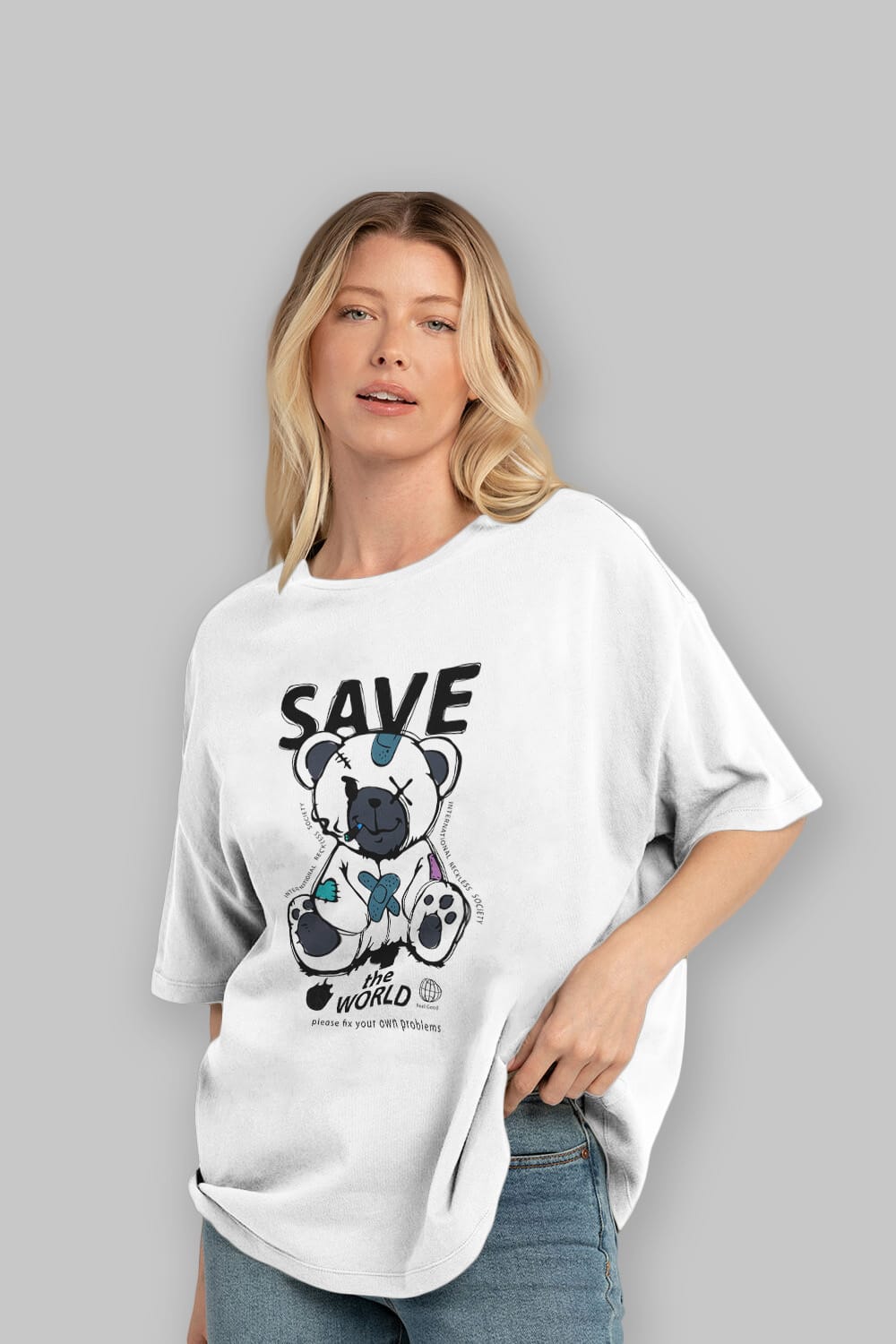 Save the World Bear Ön Baskılı Oversize t-shirt Erkek Kadın Unisex