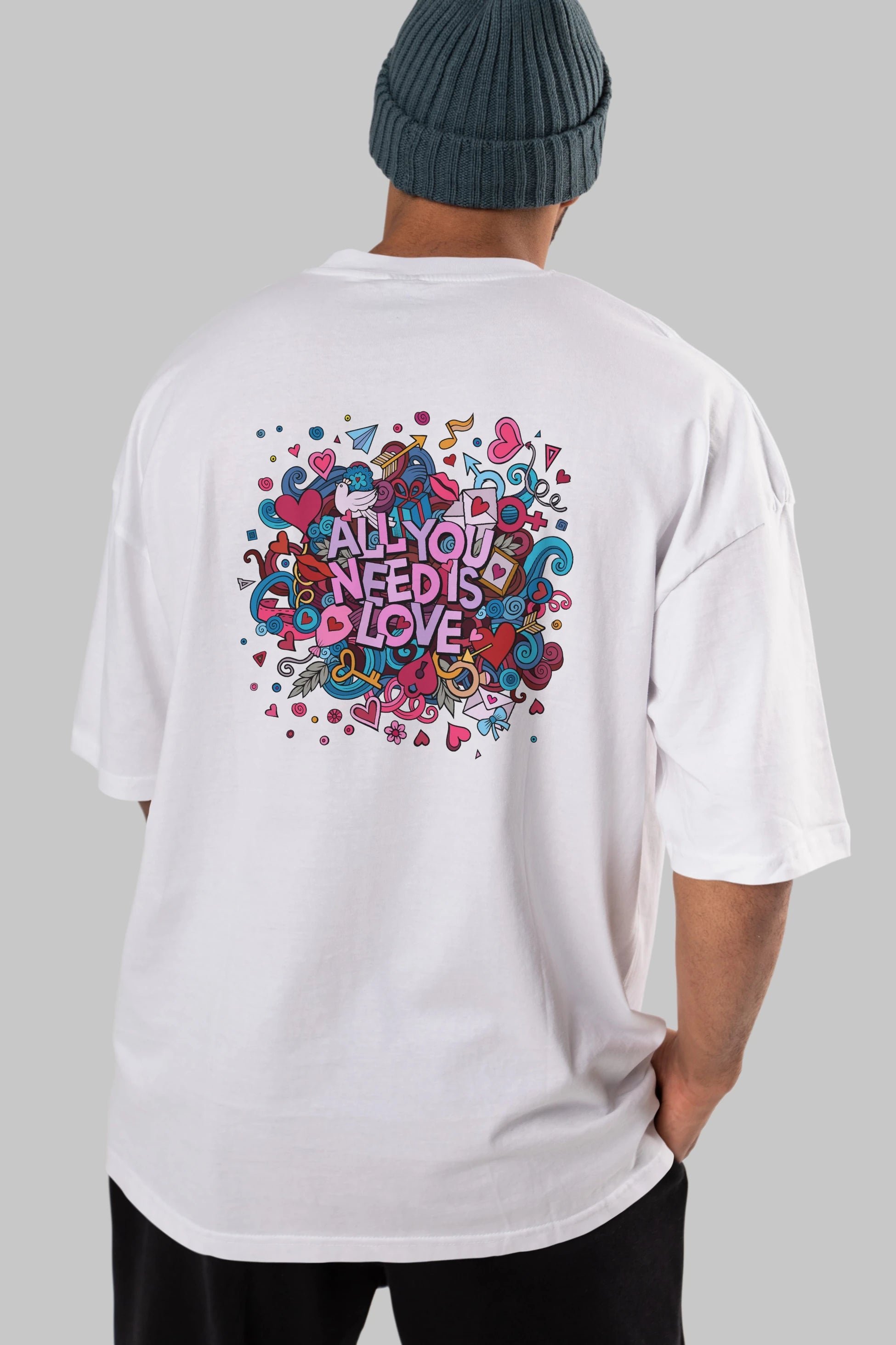 Cute Fun Colorful Heart Art Love Arka Baskılı Oversize t-shirt Erkek Kadın Unisex