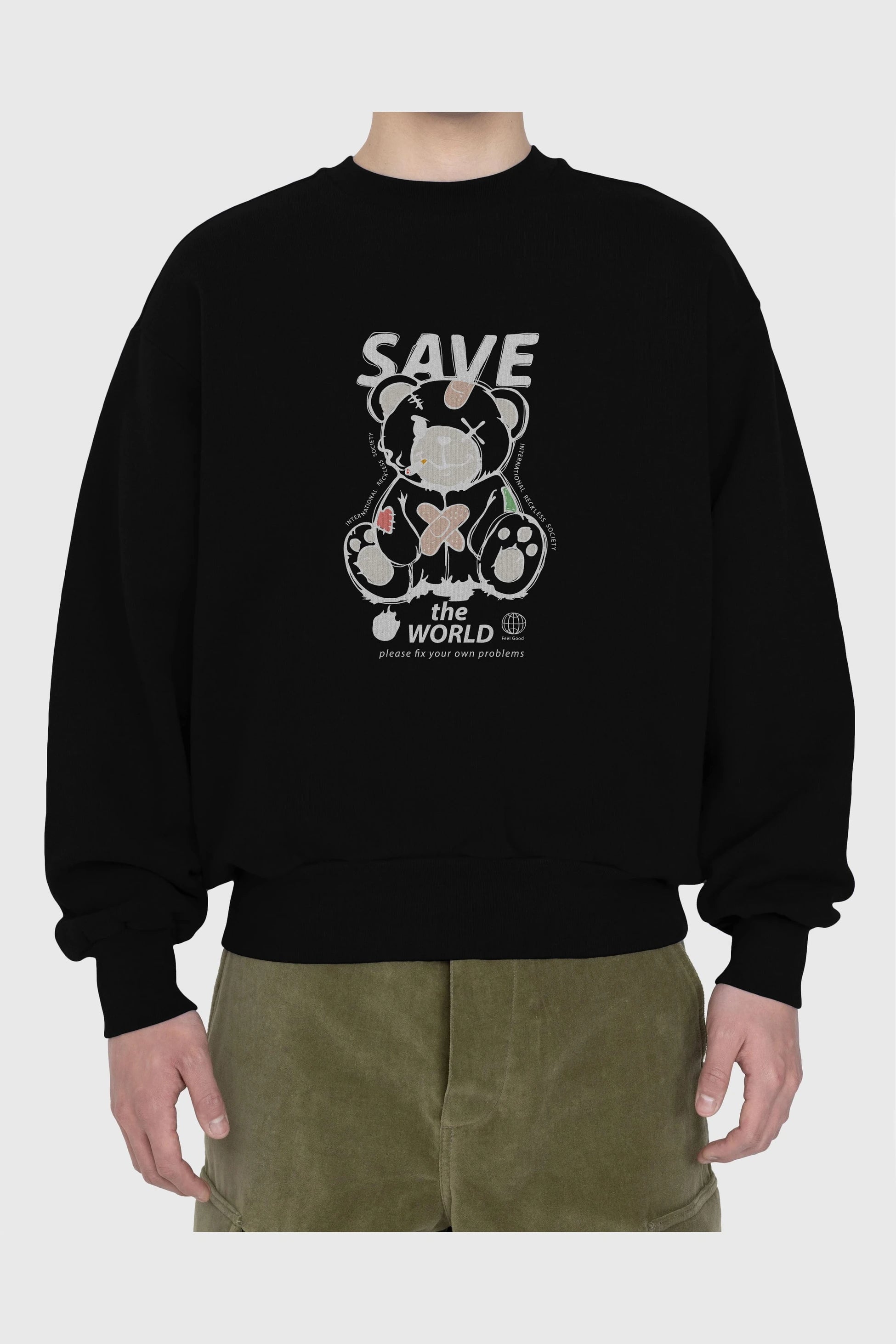 Save the World Bear Ön Baskılı Oversize Sweatshirt Erkek Kadın Unisex