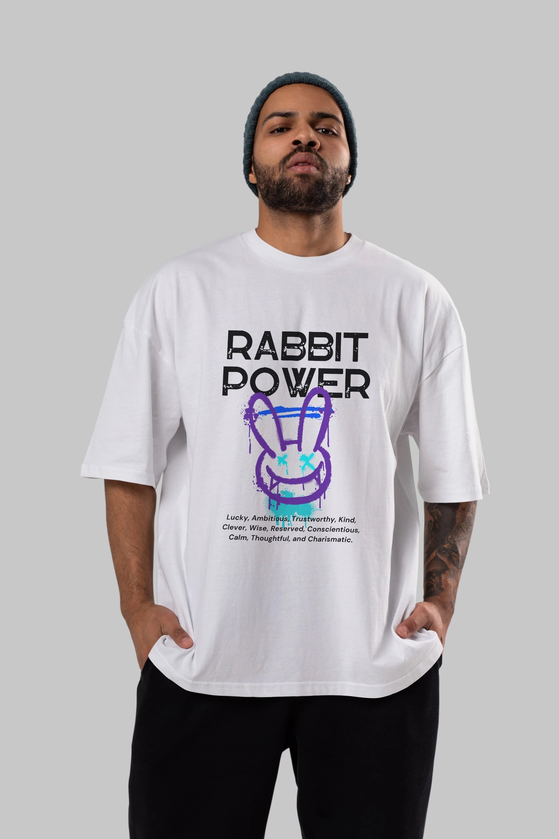 Rabbit Power Yazılı Ön Baskılı Oversize t-shirt Erkek Kadın Unisex