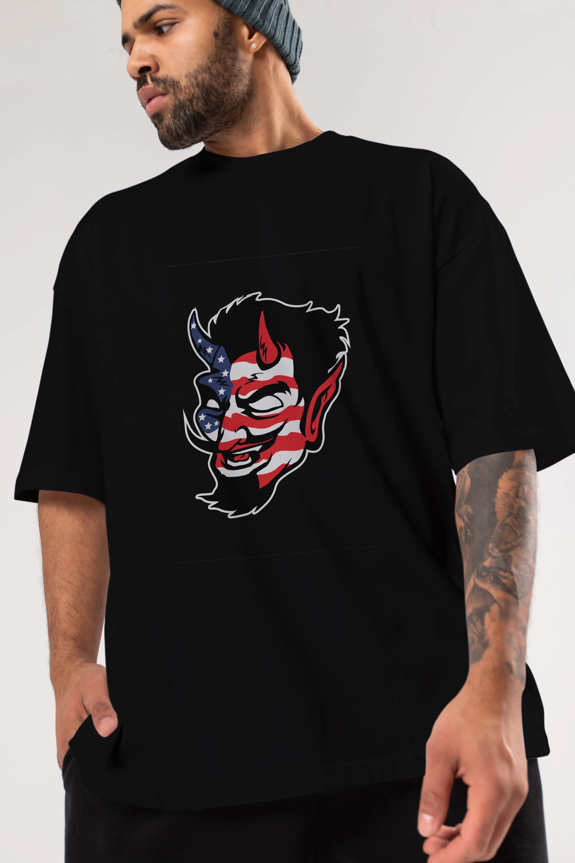 American Devil Ön Baskılı Oversize t-shirt Erkek Kadın Unisex %100 Pamuk tişort