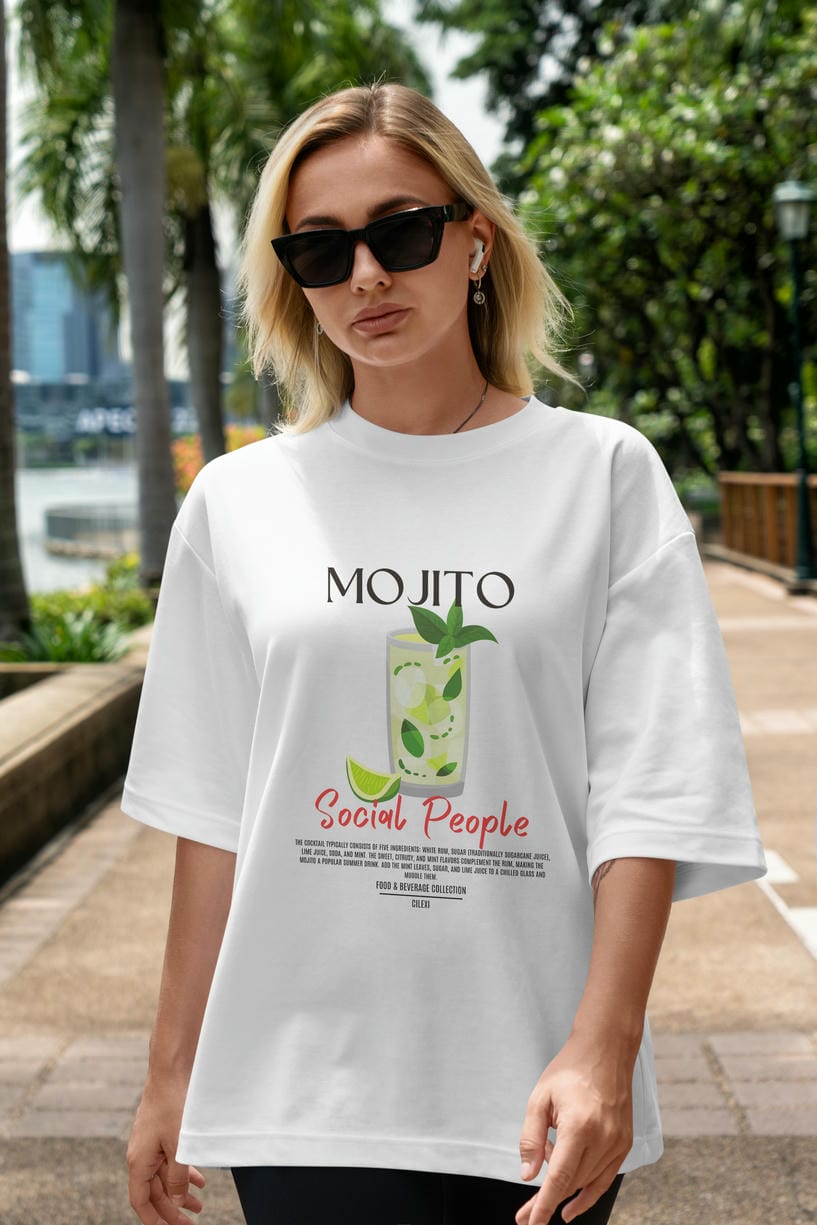 Mojıto Kokteyl Serisi ön Baskılı Oversize t-shirt Erkek Kadın %100 Pamuk Bisiklet Yaka tişort