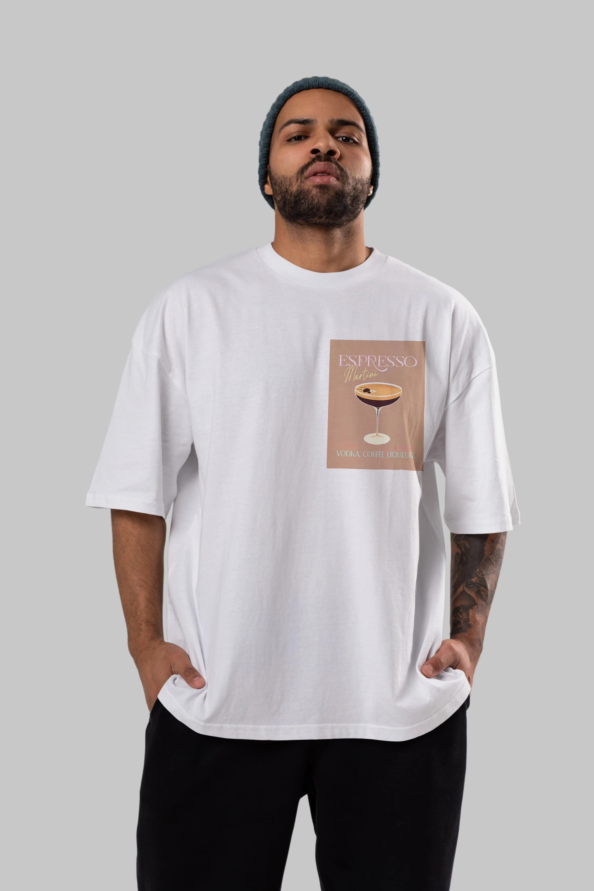 Espresso Martini Cocktail Ön Sol Baskılı Oversize t-shirt Erkek Kadın Unisex %100 Pamuk Bisiklet Yaka tişort