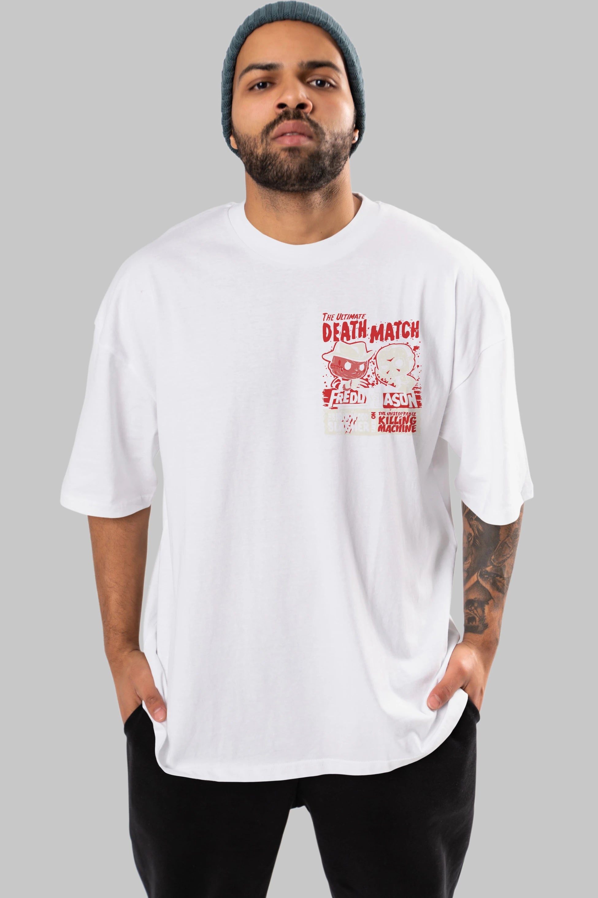 Freddy vs Jason Ön Sol Baskılı Oversize t-shirt Erkek Kadın Unisex %100 Pamuk Bisiklet Yaka tişort