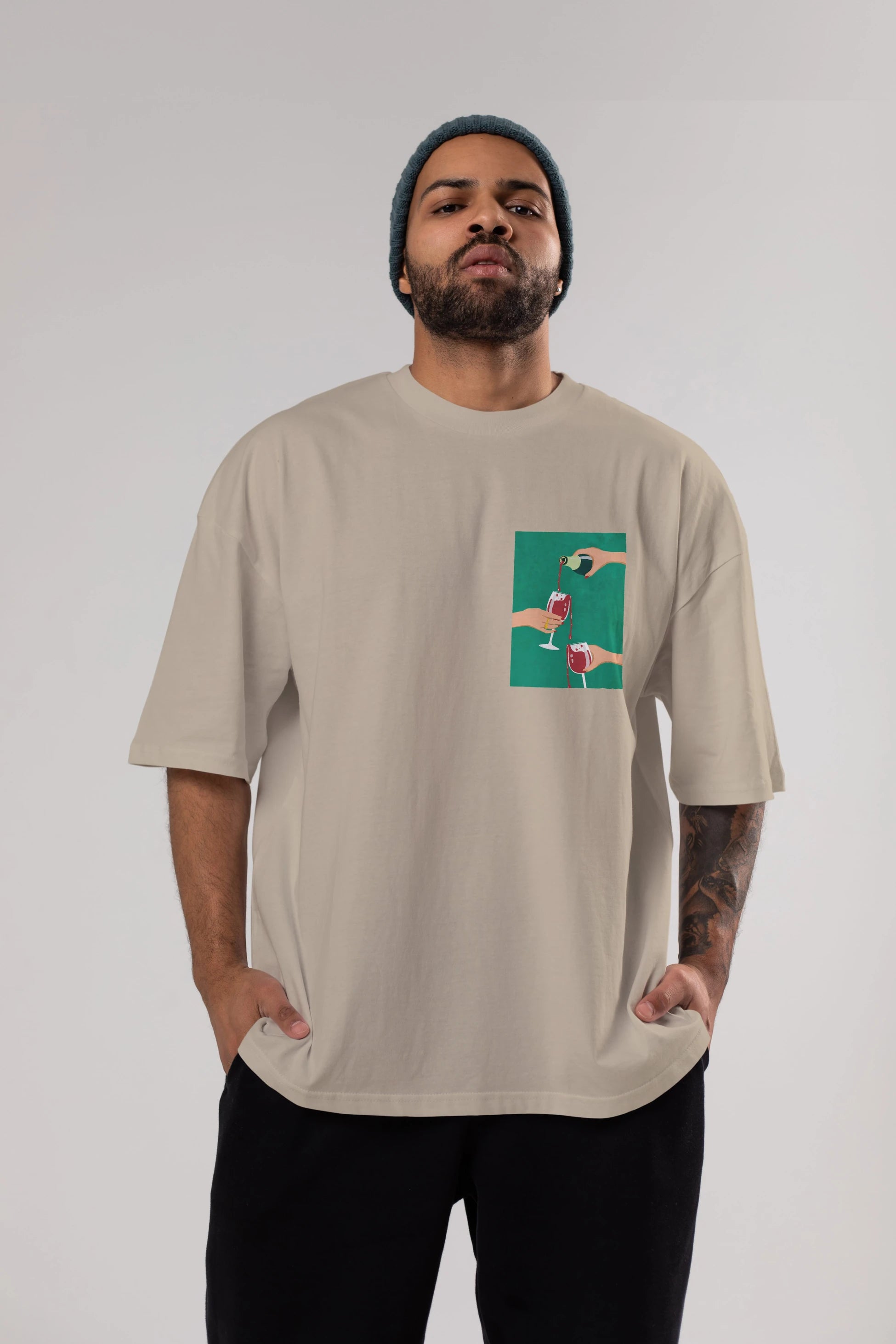 Wine 2 Ön Sol Baskılı Oversize t-shirt Erkek Kadın Unisex %100 Pamuk Bisiklet Yaka tişort