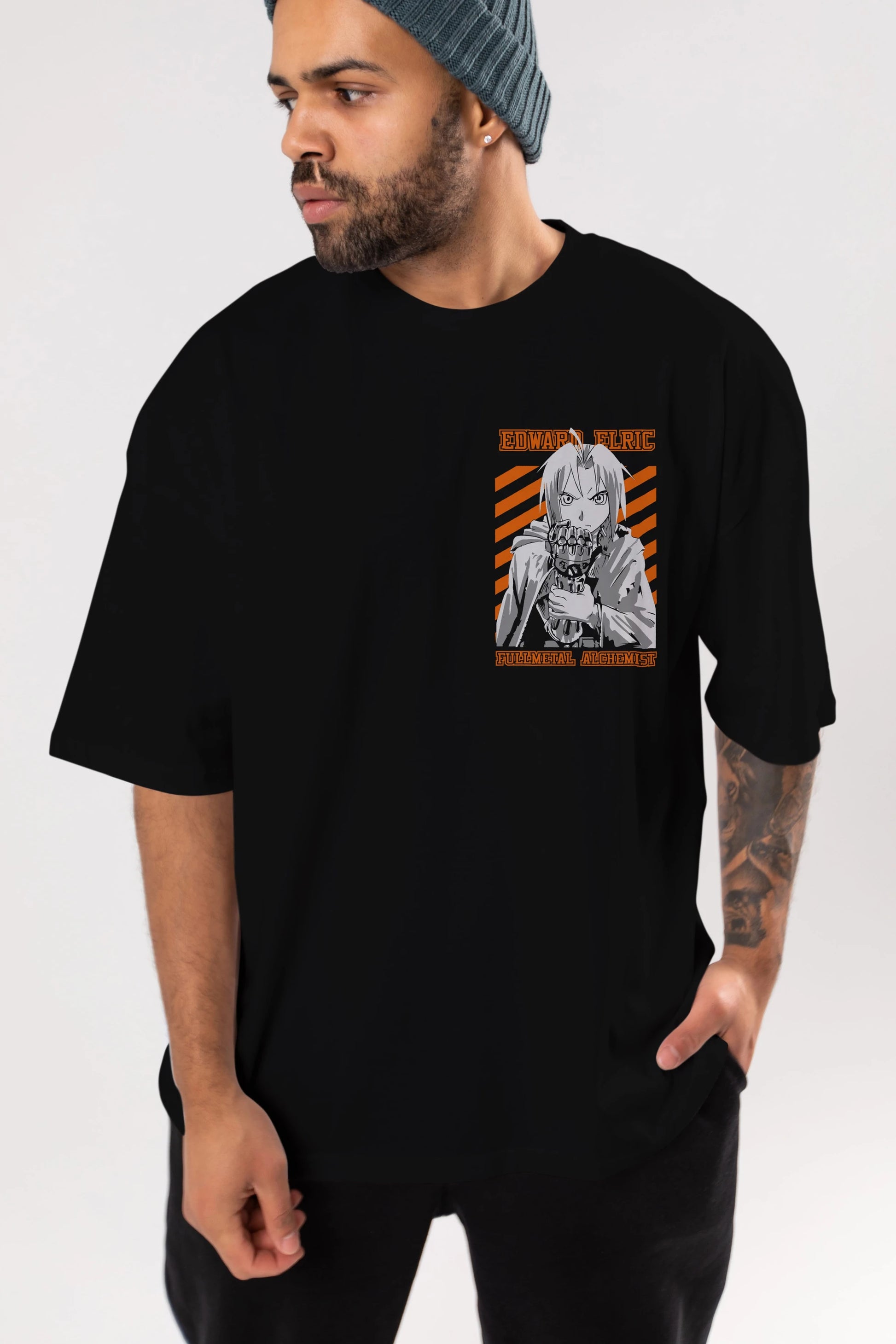 EDWARD ELRIC Ön Sol Baskılı Oversize t-shirt Erkek Kadın Unisex %100 Pamuk Bisiklet Yaka tişort