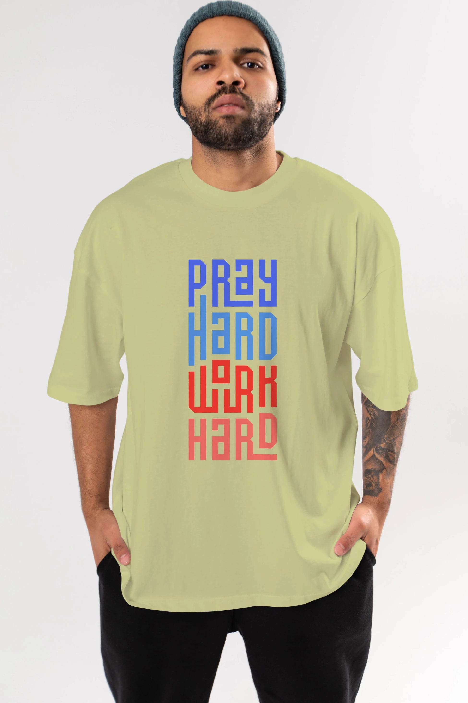 Pray Hard Work Hard Yazılı Ön Baskılı Oversize t-shirt Erkek Kadın Unisex