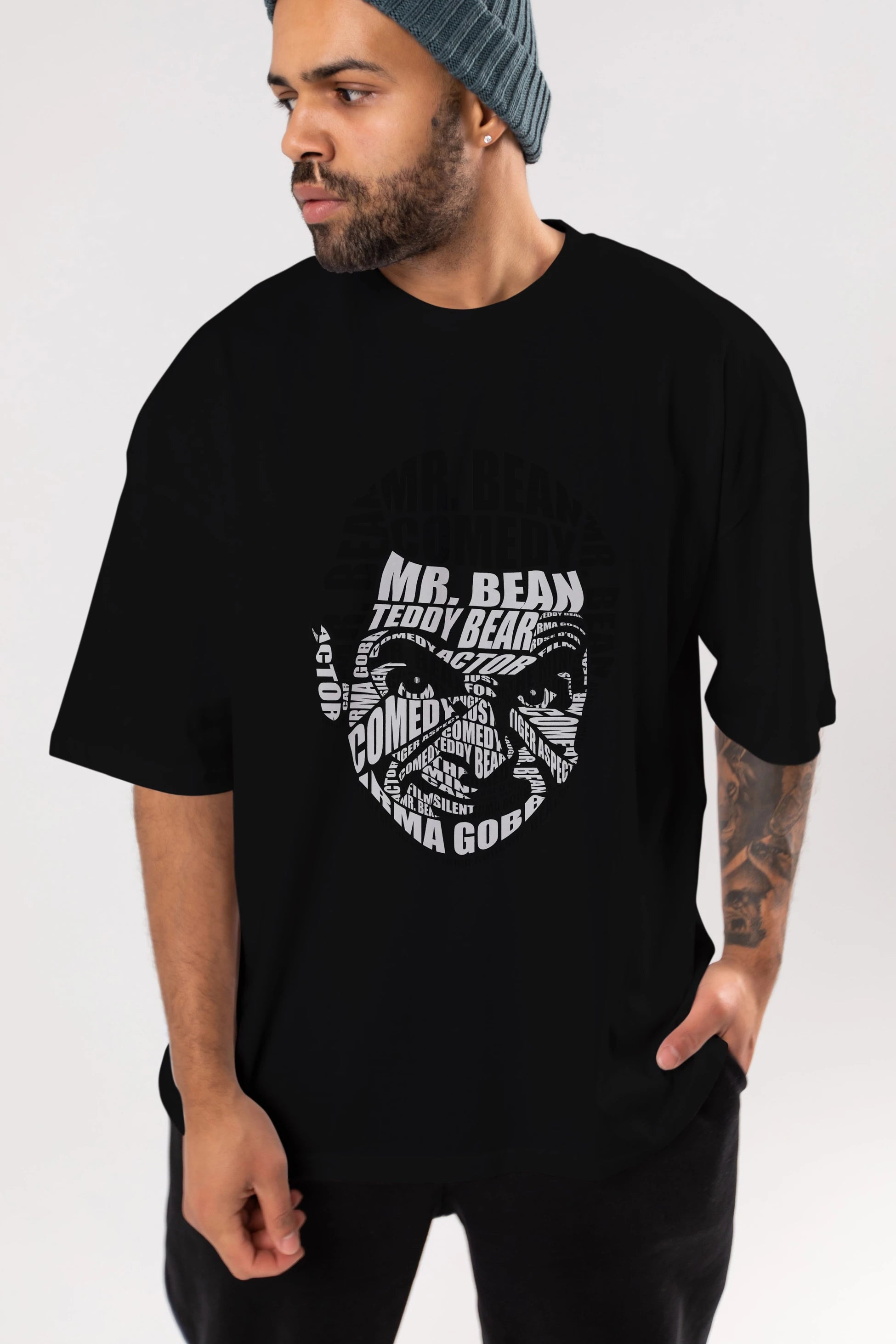Mr Bean Calligram Ön Baskılı Oversize t-shirt %100 pamuk Erkek Kadın Unisex